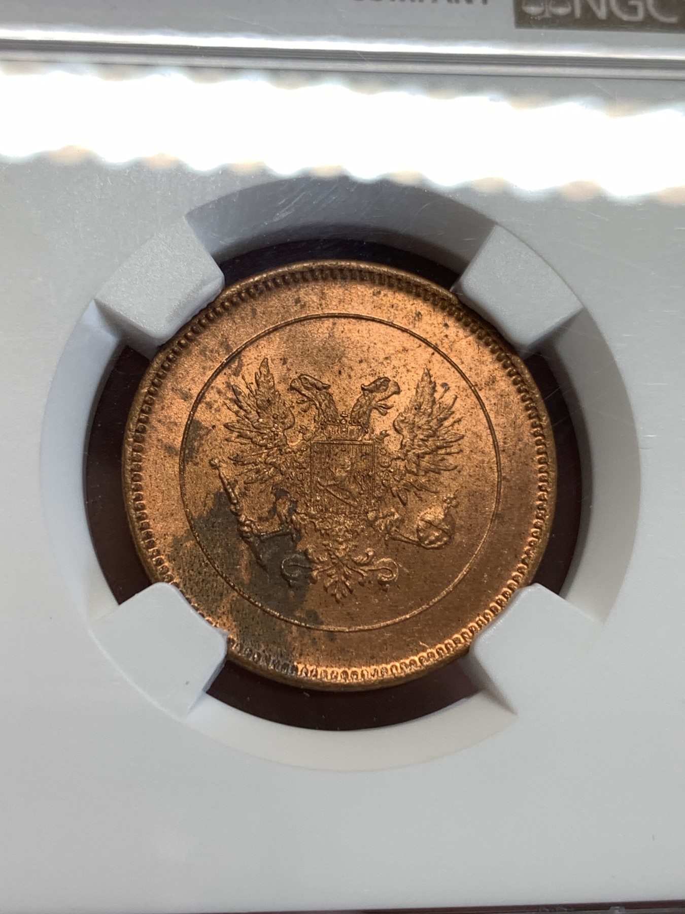 《竞宝斋》第190场-周日，周一 2场 (全场包邮) NGC MS63RB 俄占芬兰1917年克伦斯基临时政府5盆尼铜币