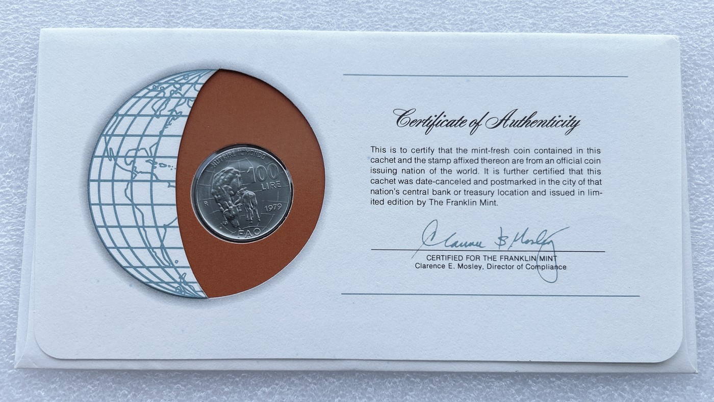 全场一元起拍 富兰克林世界钱币系列-邮币封 第16期 富兰克林意大利1979年FAO世界粮农组织100里拉纪念币封