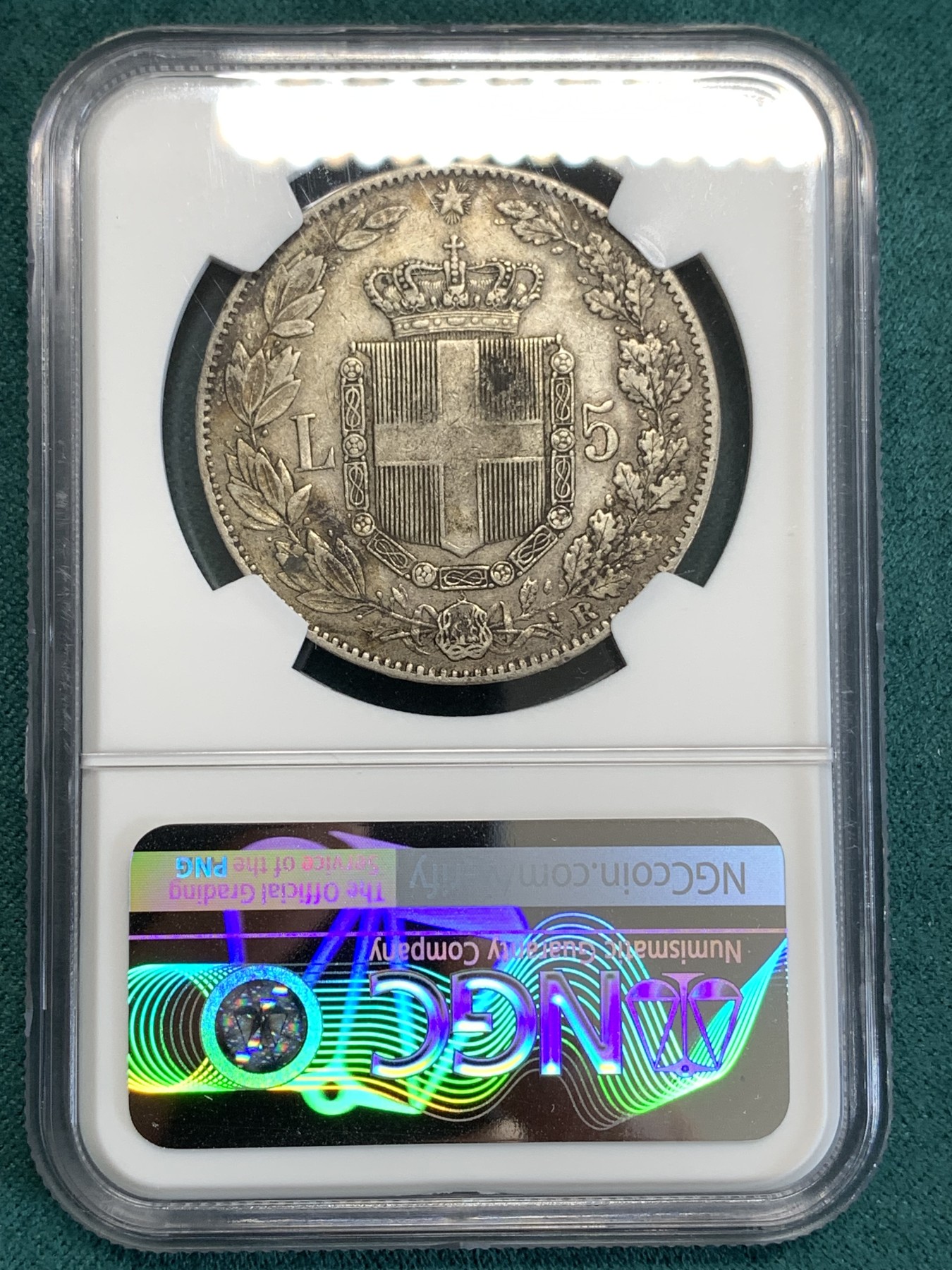 《竞宝斋》第190场-周日，周一 2场 (全场包邮) NGC-XF45 意大利1879翁贝托一世5里拉银币，状态好