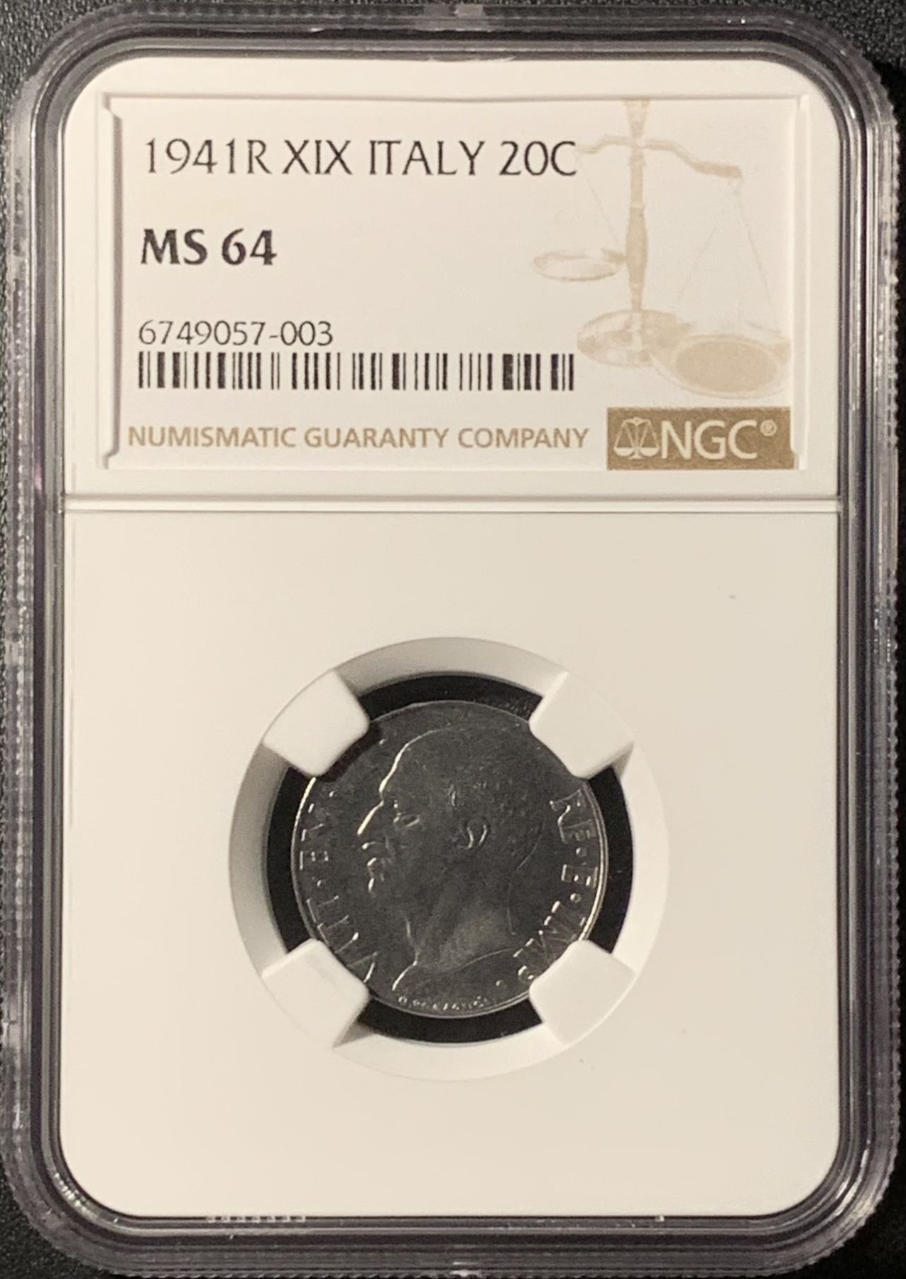 紫瑗钱币——第296期拍卖 意大利 1941年 伊曼纽尔三世 20分 镍币 NGC MS64
