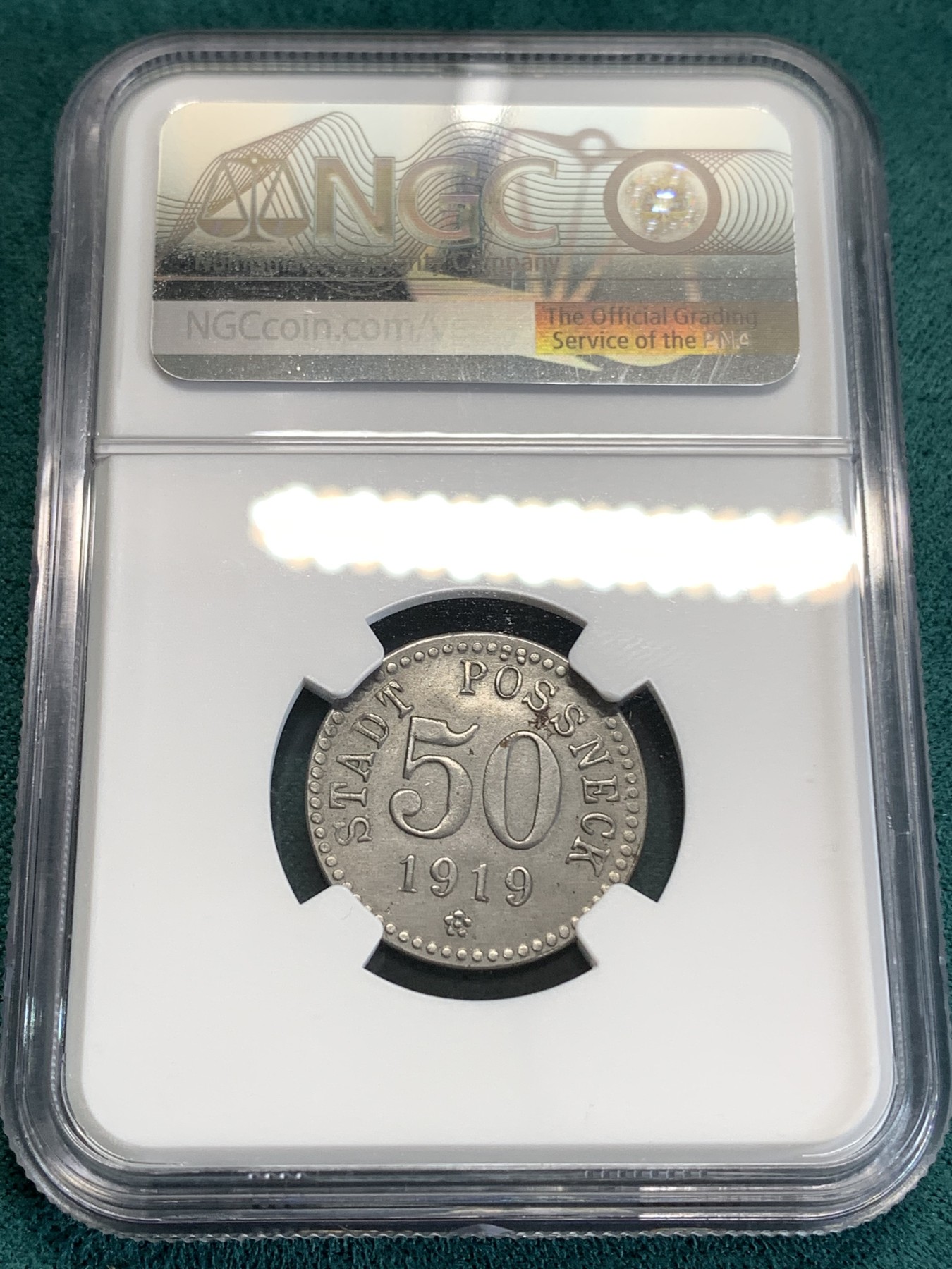 《竞宝斋》第190场-周日，周一 2场 (全场包邮) NGC-UNC 德国1919年德紧塔勒-哈兹50芬尼铁币 两面深打原始包浆 这个应该有分的太严了 仅见入盒