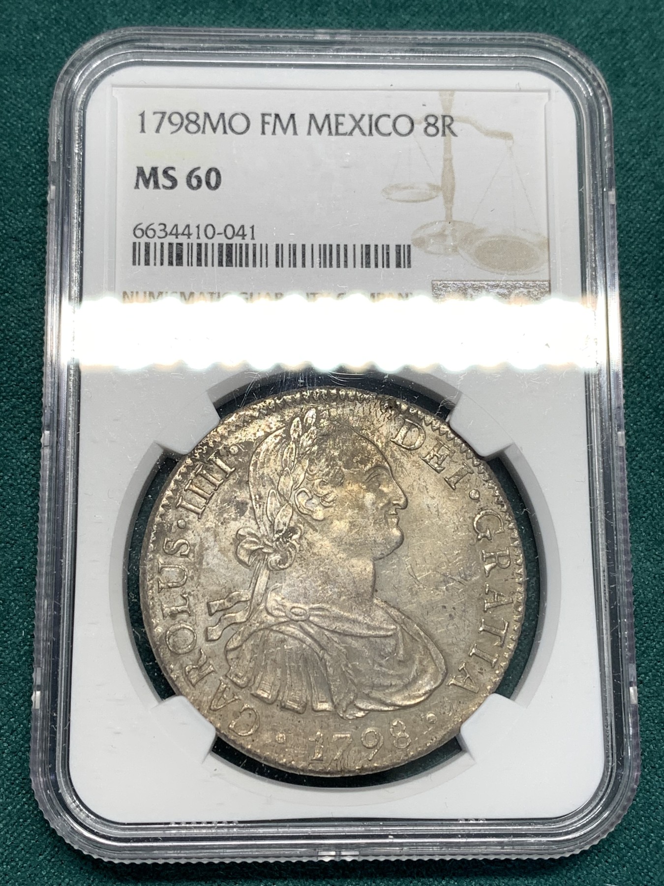 《竞宝斋》第190场-周日，周一 2场 (全场包邮) NGC-MS60 西属墨西哥 卡四 双柱 1798 MO FM 8瑞尔 大银币 外拍疯涨