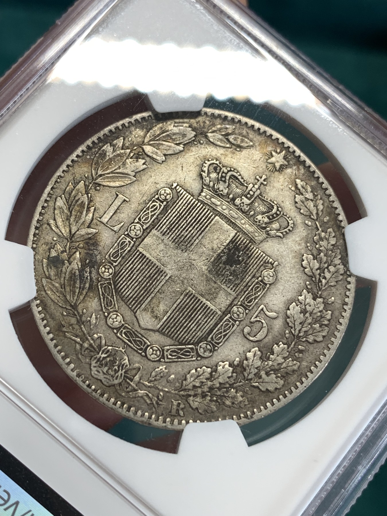 《竞宝斋》第190场-周日，周一 2场 (全场包邮) NGC-XF45 意大利1879翁贝托一世5里拉银币，状态好