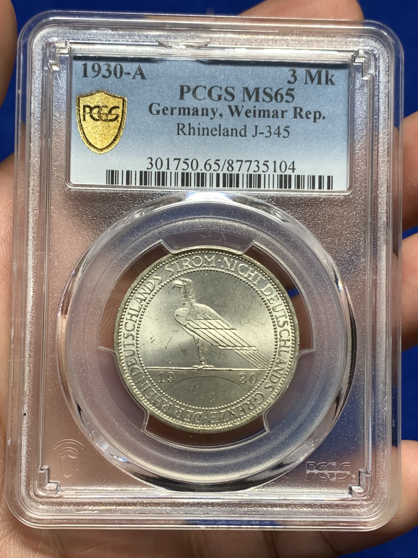 《竞宝斋》第190场-周日，周一 2场 (全场包邮) PCGS MS65 德国魏玛共和国1930年莱茵解放纪念3马克银币 旋转十字光 高分 上部支撑架有小磕