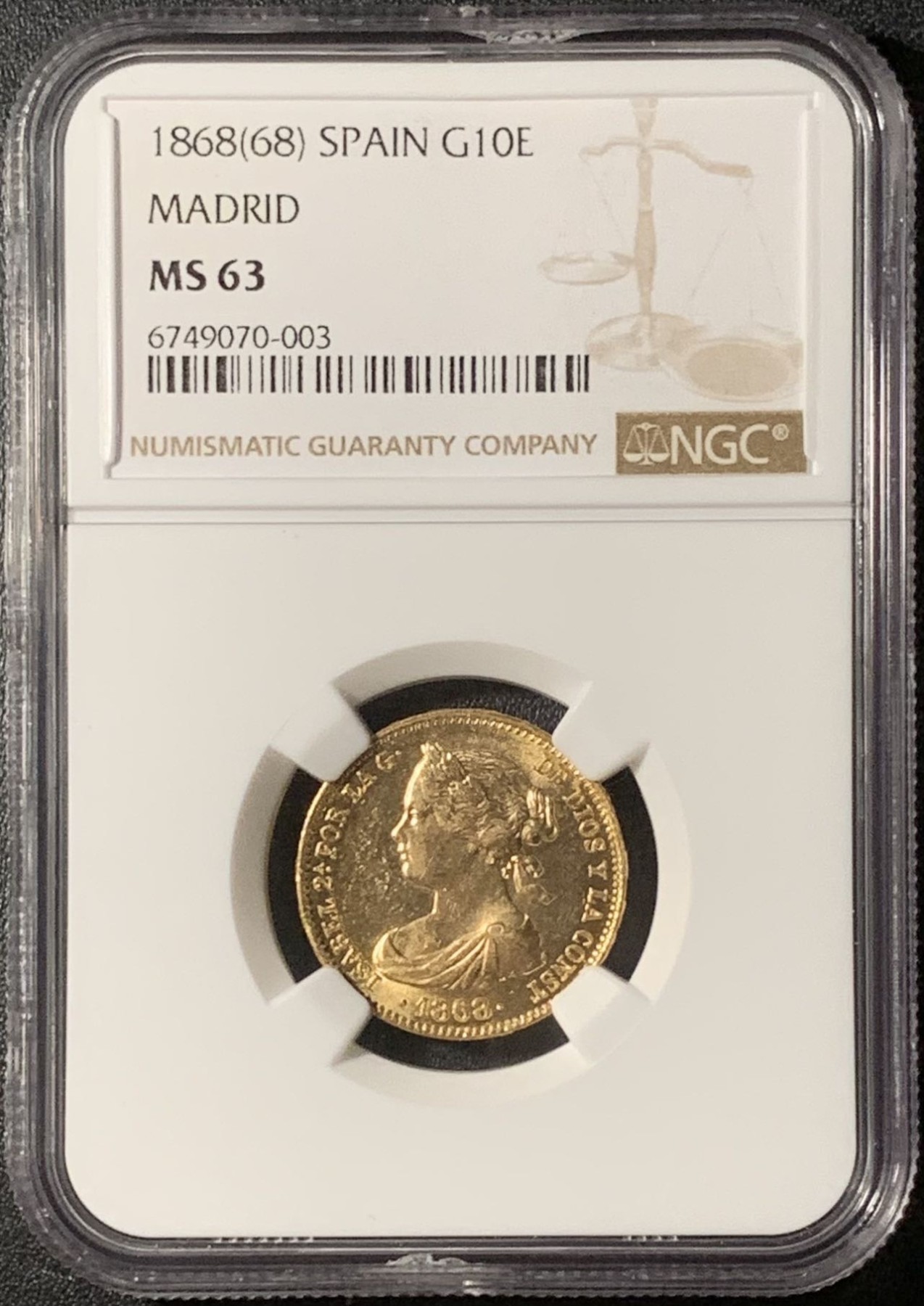 紫瑗钱币——第296期拍卖 西班牙 1868年 马德里 伊莎贝拉二世 10埃斯库多 金币 NGC MS63