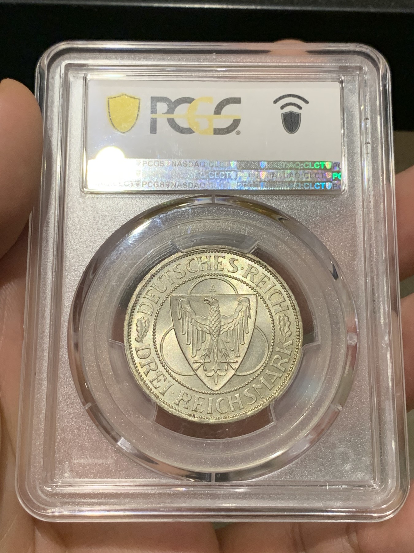 《竞宝斋》第190场-周日，周一 2场 (全场包邮) PCGS MS65 德国魏玛共和国1930年莱茵解放纪念3马克银币 旋转十字光 高分 上部支撑架有小磕