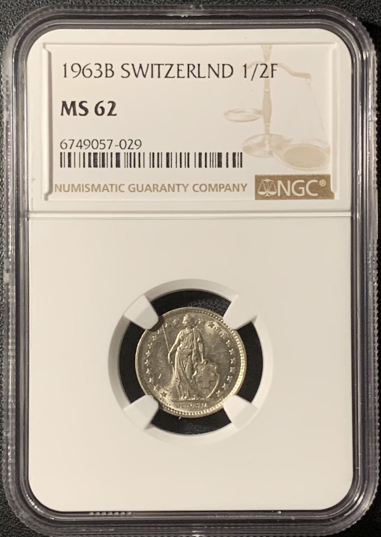 紫瑗钱币——第296期拍卖 瑞士 1963年 赫尔维蒂亚 1/2法郎 银币 NGC MS62