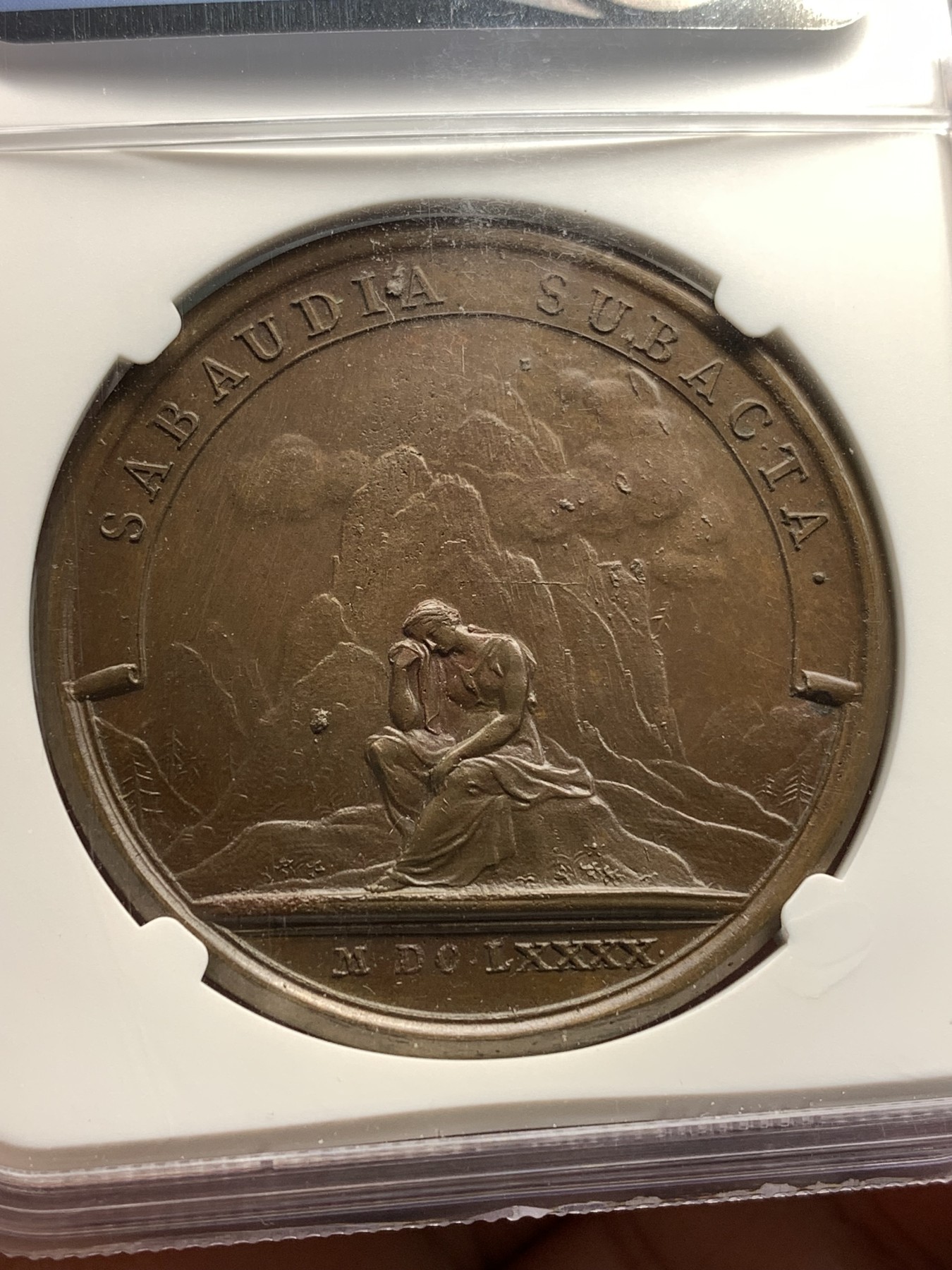 《竞宝斋》第190场-周日，周一 2场 (全场包邮) NGC-MS63 法国1690年路易十四征服萨伏伊 纪念铜章 巧克力包浆 细节很好