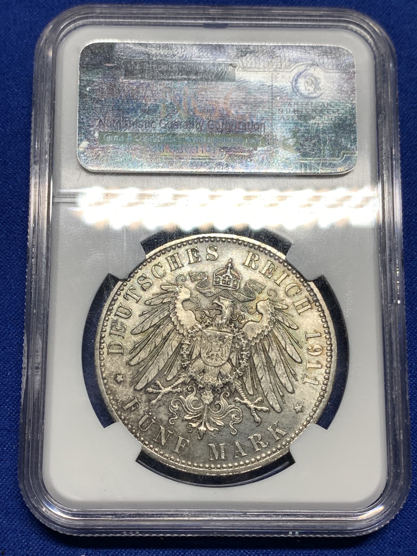 《竞宝斋》第190场-周日，周一 2场 (全场包邮) NGC MS64 德国巴伐利亚1911年5马克利奥波德90大寿纪念银币