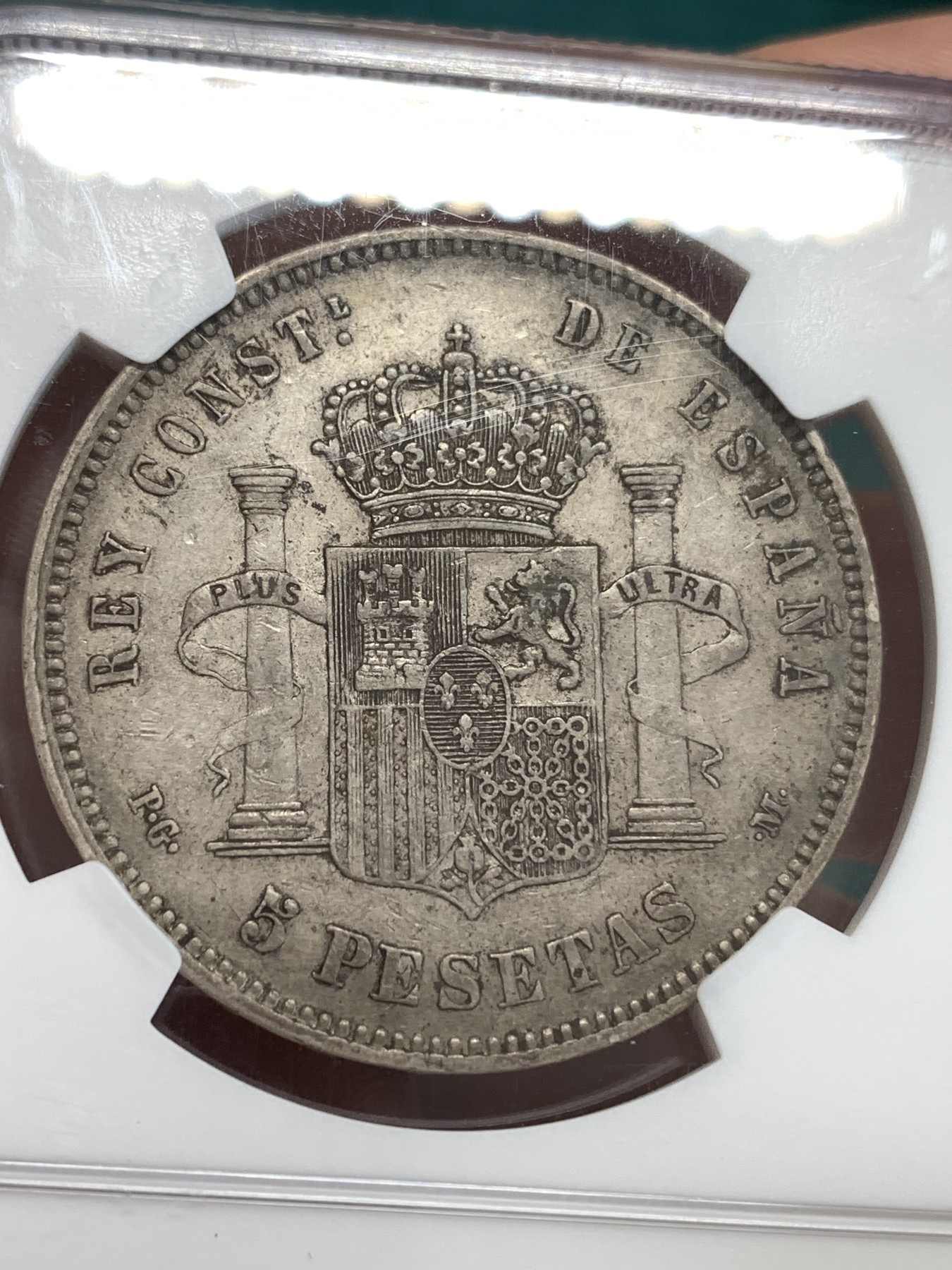 《竞宝斋》第190场-周日，周一 2场 (全场包邮) NGC XF45  西班牙双柱小光头阿方索十二世银币 细节好 包浆也好