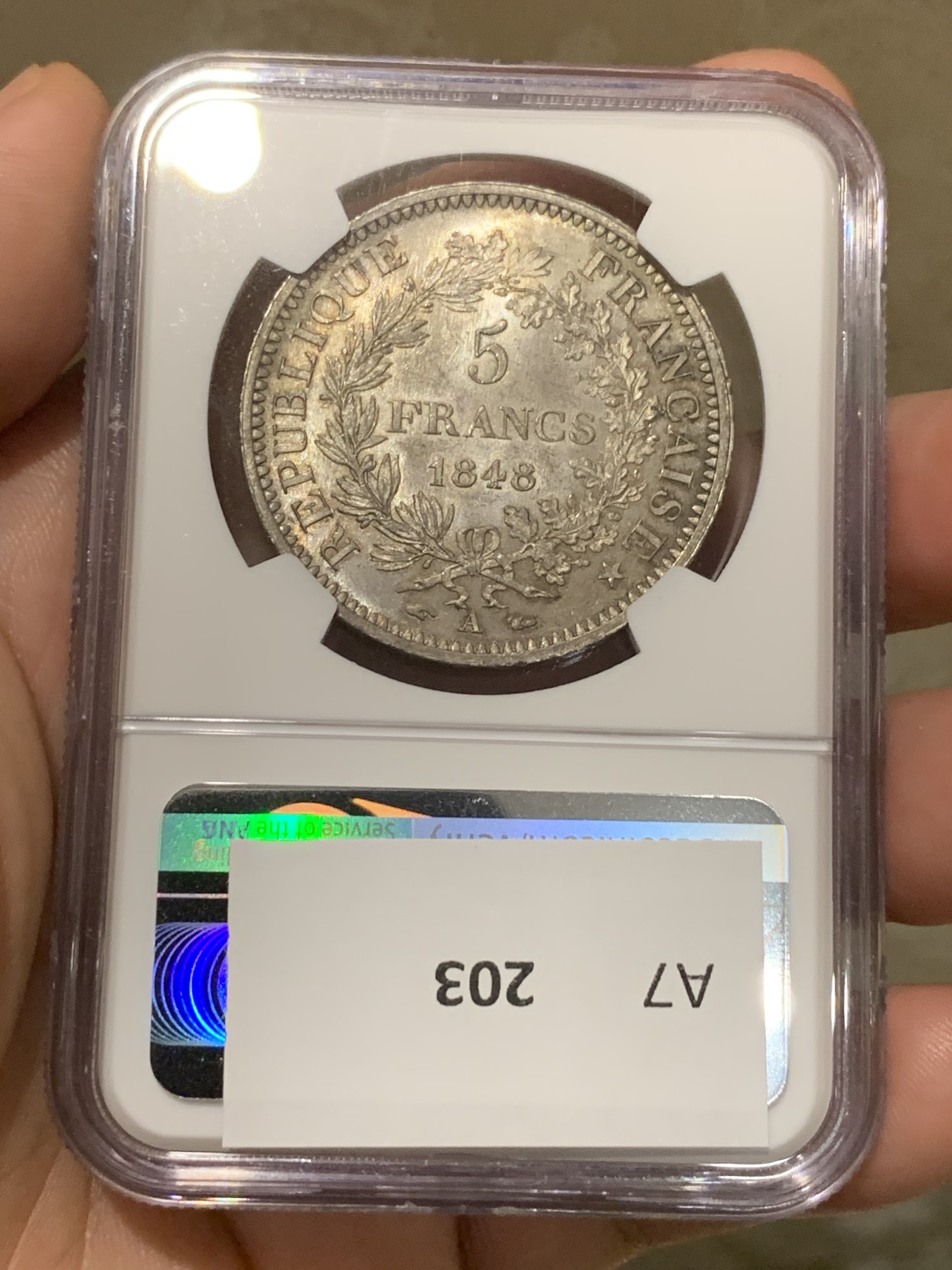 《竞宝斋》第190场-周日，周一 2场 (全场包邮) NGC-MS64 法国 1848A 5法郎 大力神银币 转光+淡紫色包浆 好状态