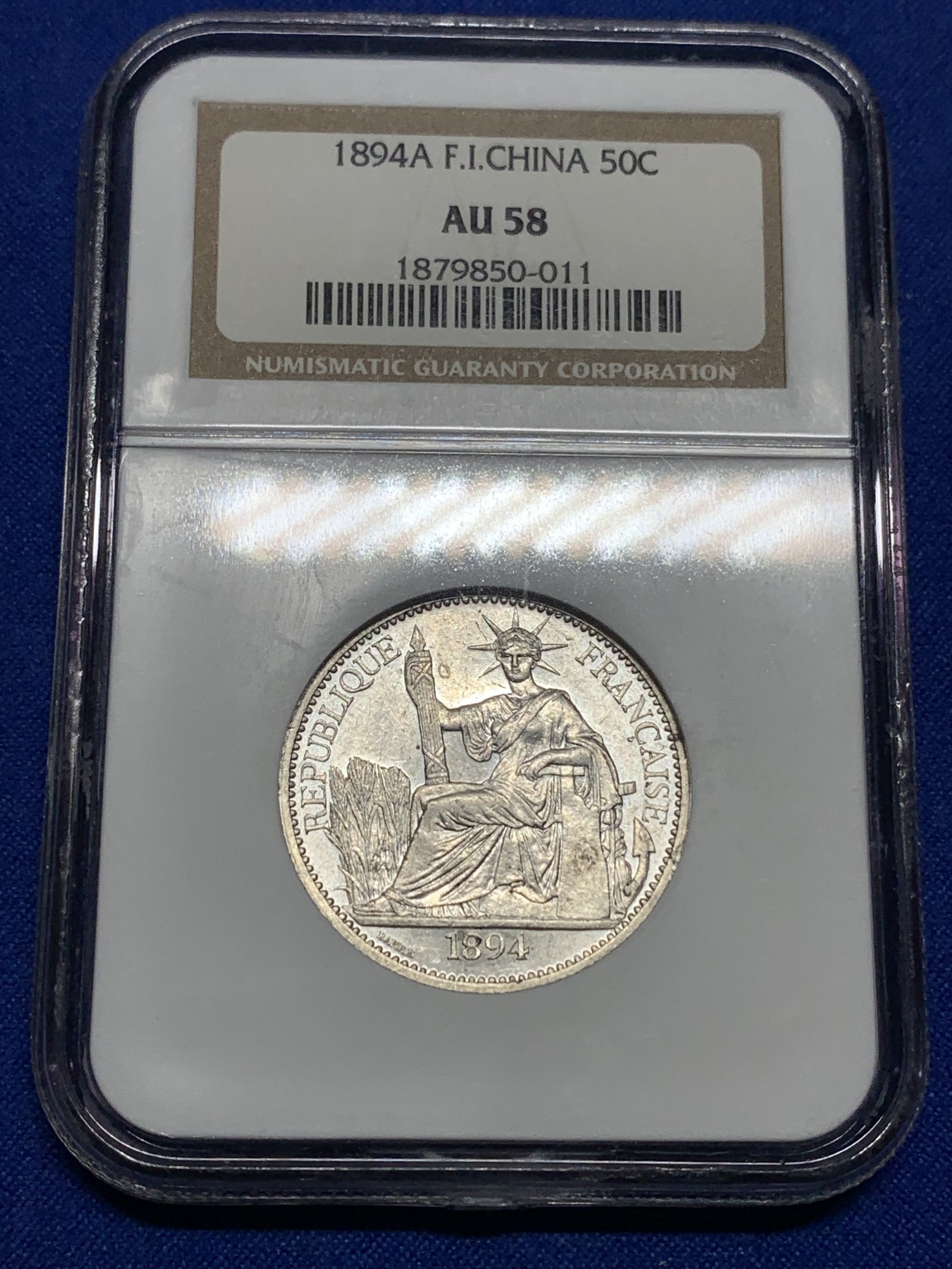 《竞宝斋》第190场-周日，周一 2场 (全场包邮) NGC AU58 法属印支 1894年加重版 50分银币 极少见