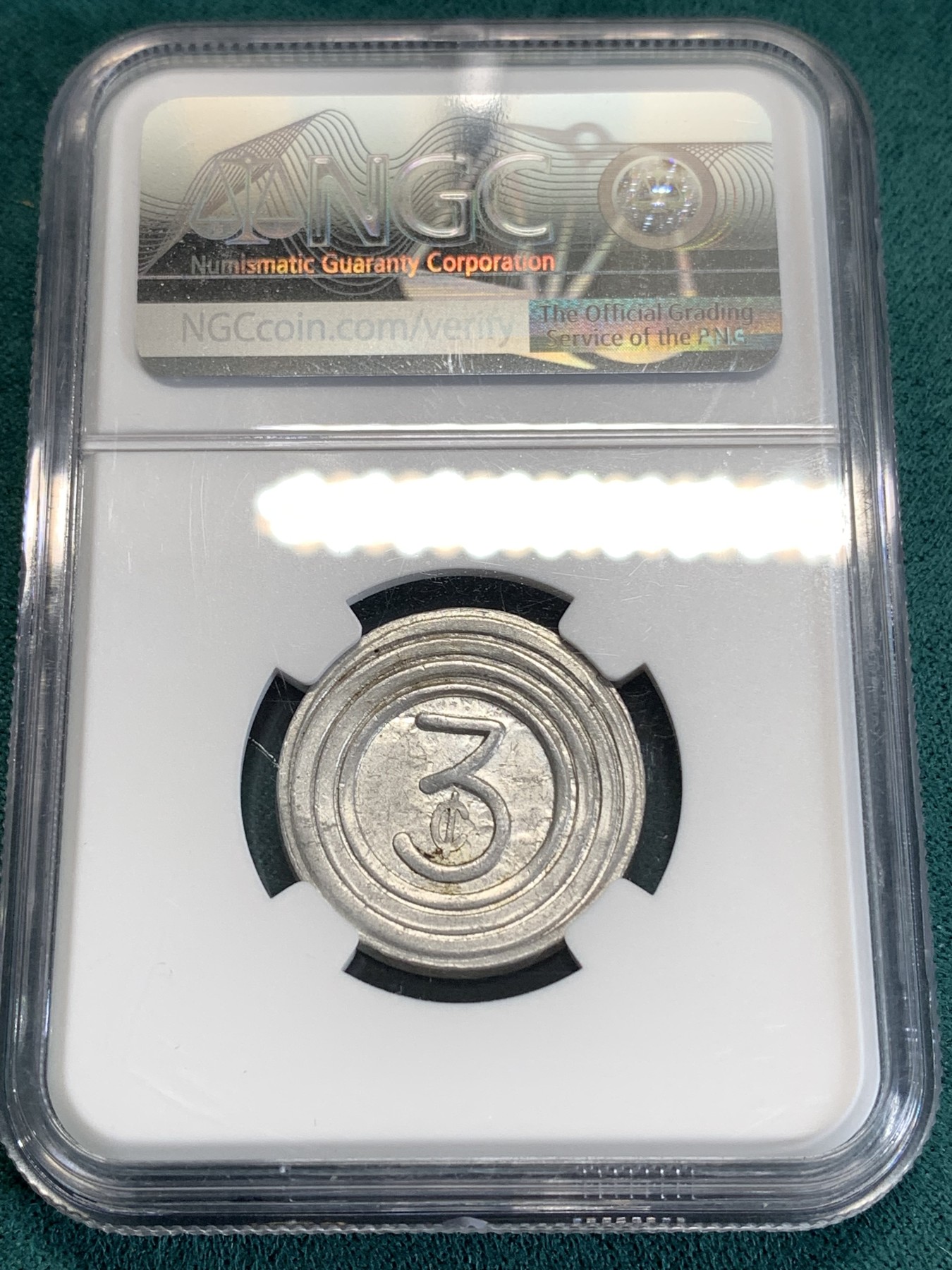 《竞宝斋》第190场-周日，周一 2场 (全场包邮) 1939-1943年 NGC-AU53 上海公交车3分代币 公交车代币里的少见品种 原始状态好品难得