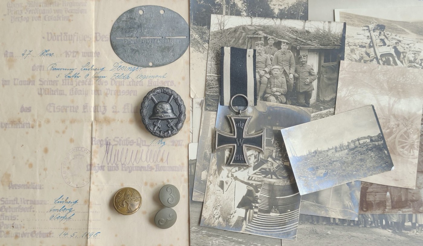 老威廉第四次麦稀奇拍卖 帝德小套，得主是路德维希·德辛格·安伯格，隶属于德国陆军巴伐利亚第3野战炮团第2补充营第4补充连。带二铁、黑伤、狗牌、二铁证书和15张照片