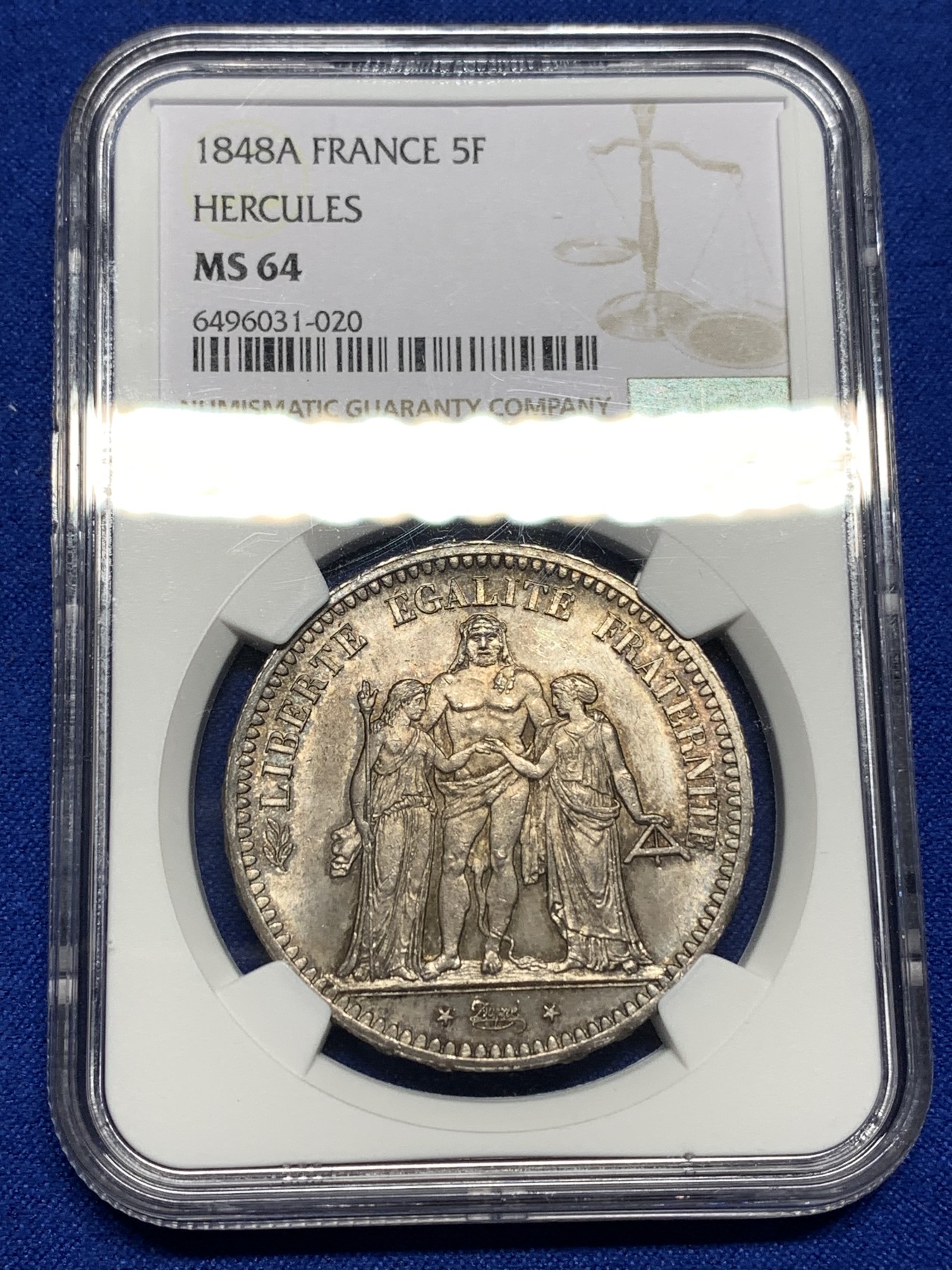 《竞宝斋》第190场-周日，周一 2场 (全场包邮) NGC-MS64 法国 1848A 5法郎 大力神银币 转光+淡紫色包浆 好状态