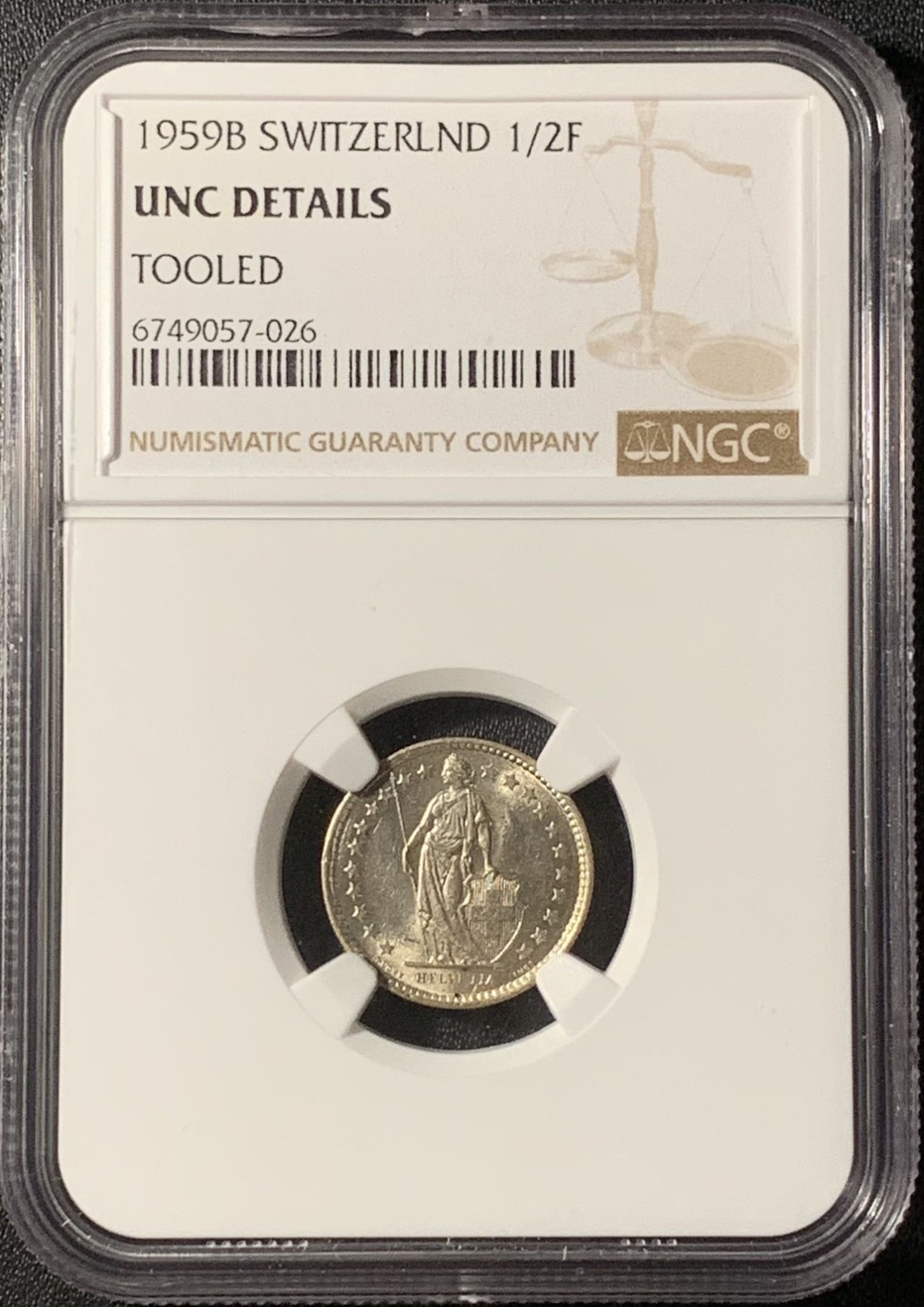 紫瑗钱币——第296期拍卖 瑞士 1959年 赫尔维蒂亚 1/2法郎 银币 NGC UNC Detail 