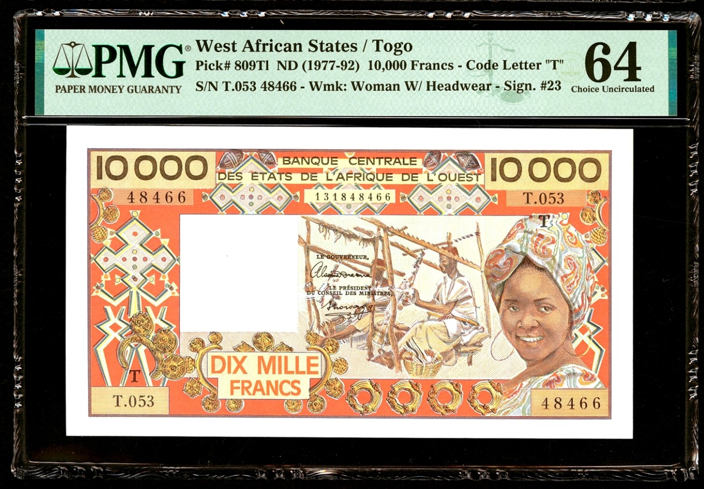 【Blue Auction】✨世界纸币精拍第360期【精】——Irish Free State 【66尾 多哥版】西非共同体 1977-92年10000法郎 最高值 精美 PMG64  状态佳