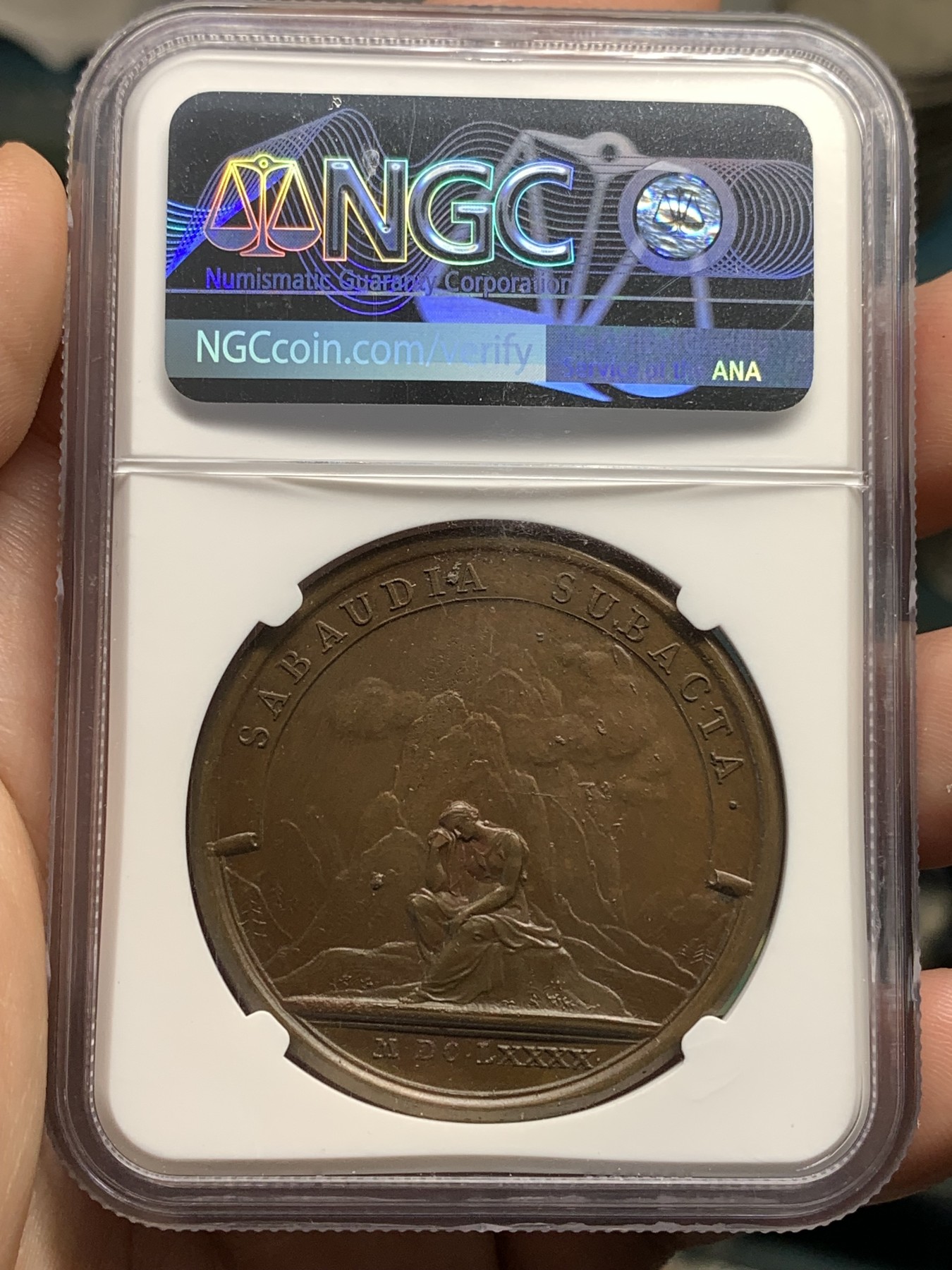 《竞宝斋》第190场-周日，周一 2场 (全场包邮) NGC-MS63 法国1690年路易十四征服萨伏伊 纪念铜章 巧克力包浆 细节很好