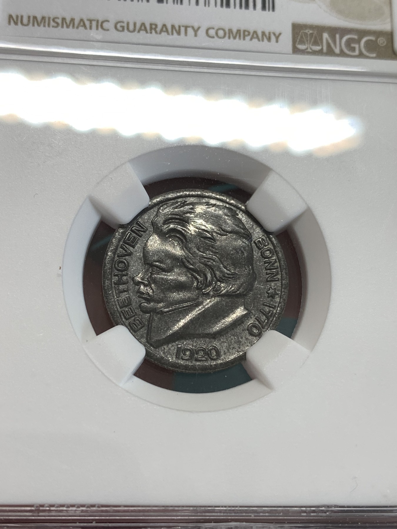 《竞宝斋》第190场-周日，周一 2场 (全场包邮) NGC-MS63 德国紧急状态货币，1920年波恩贝多芬10芬尼铁币，经典品种，凑套必备