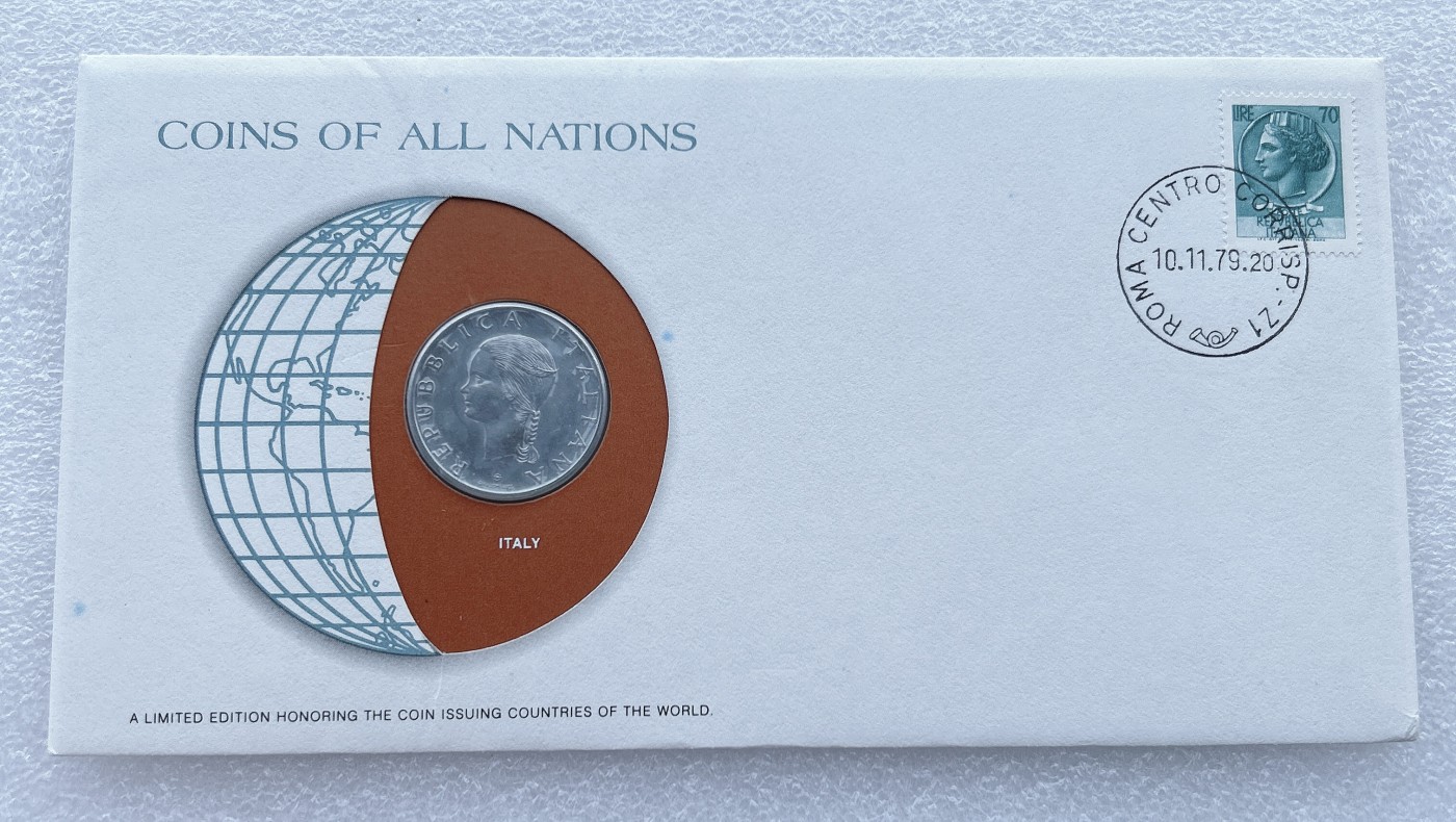 全场一元起拍 富兰克林世界钱币系列-邮币封 第16期 富兰克林意大利1979年FAO世界粮农组织100里拉纪念币封
