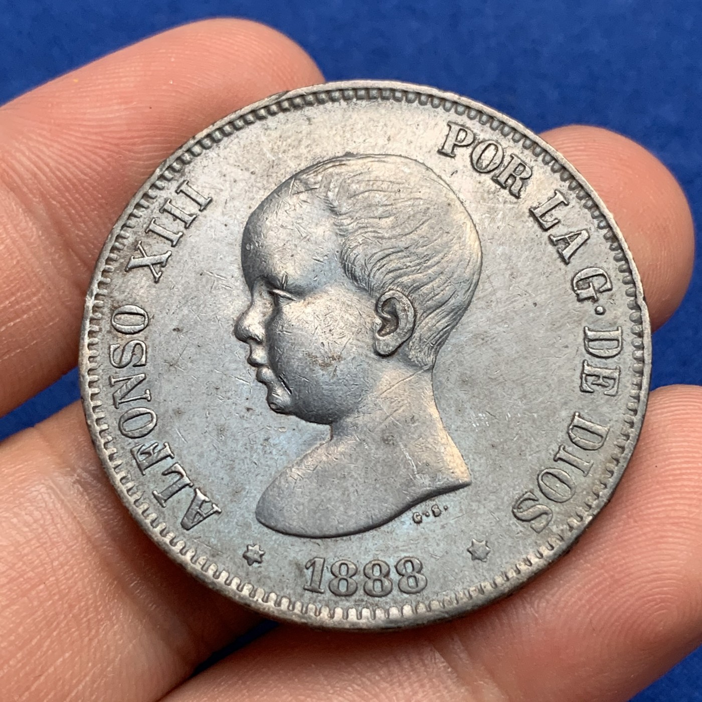 《竞宝斋》第190场-周日，周一 2场 (全场包邮) 西班牙 1888年 发财年份  婴儿头5比塞塔银币 黑彩