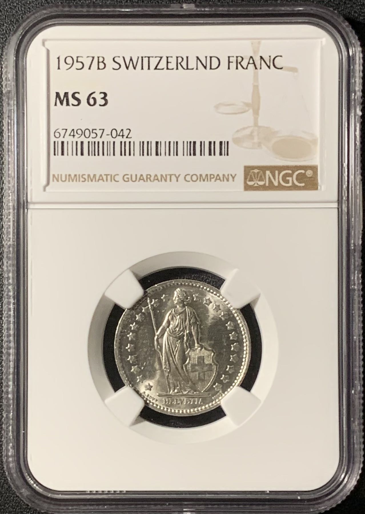 紫瑗钱币——第296期拍卖 瑞士 1957年 赫尔维蒂亚 1法郎 银币 NGC MS63