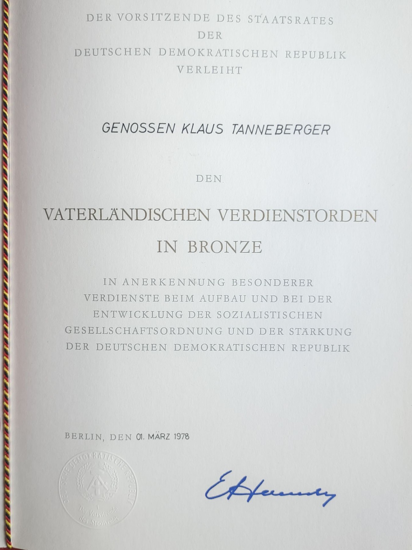 老威廉第四次麦稀奇拍卖 东德铜级煎蛋带盒带大证书，授予克劳斯·坦内博格同志，于1978年3月1号签发于柏林