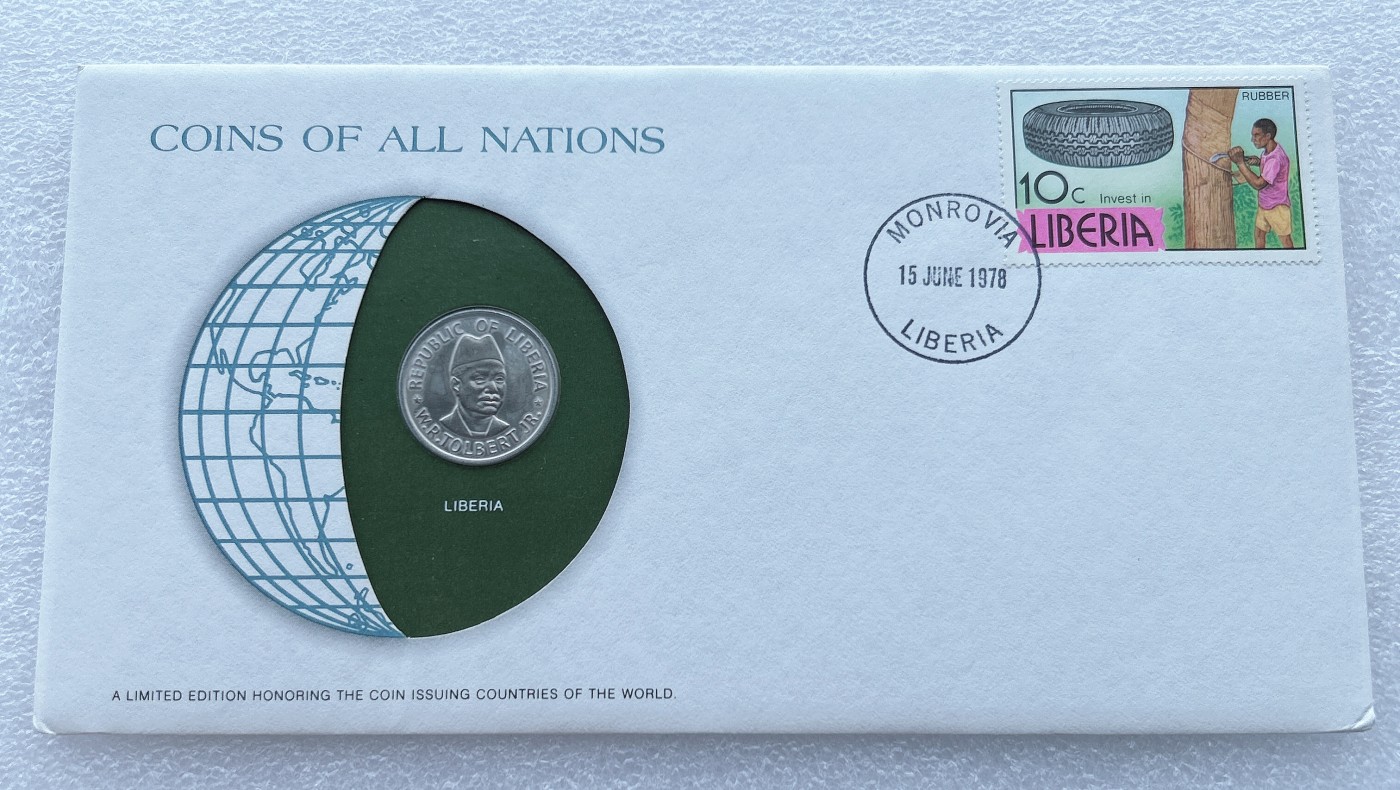 全场一元起拍 富兰克林世界钱币系列-邮币封 第16期 利比里亚硬币 邮票纪念封