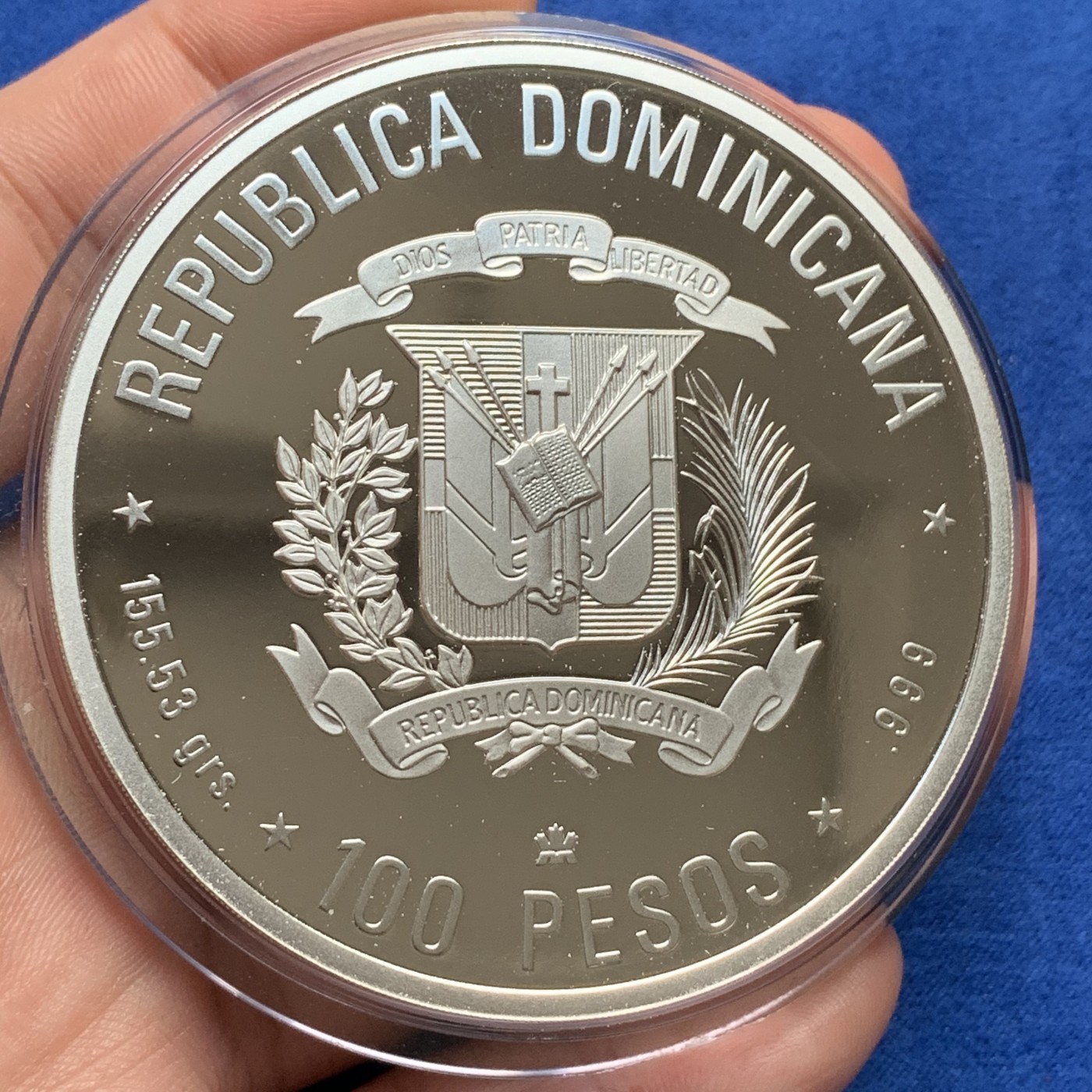 《竞宝斋》第190场-周日，周一 2场 (全场包邮) 多米尼加共和国1990年5盎司银币 155.5克 999银 纪念发现美洲500周年 附原盒