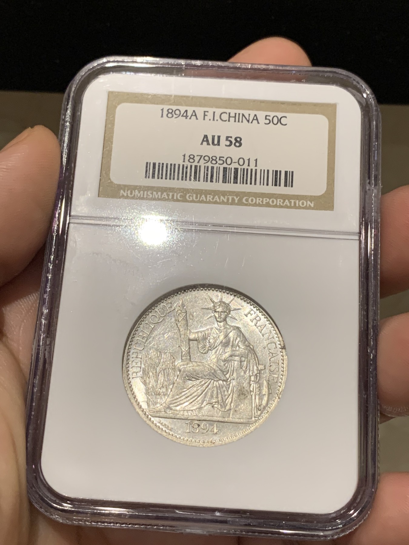《竞宝斋》第190场-周日，周一 2场 (全场包邮) NGC AU58 法属印支 1894年加重版 50分银币 极少见