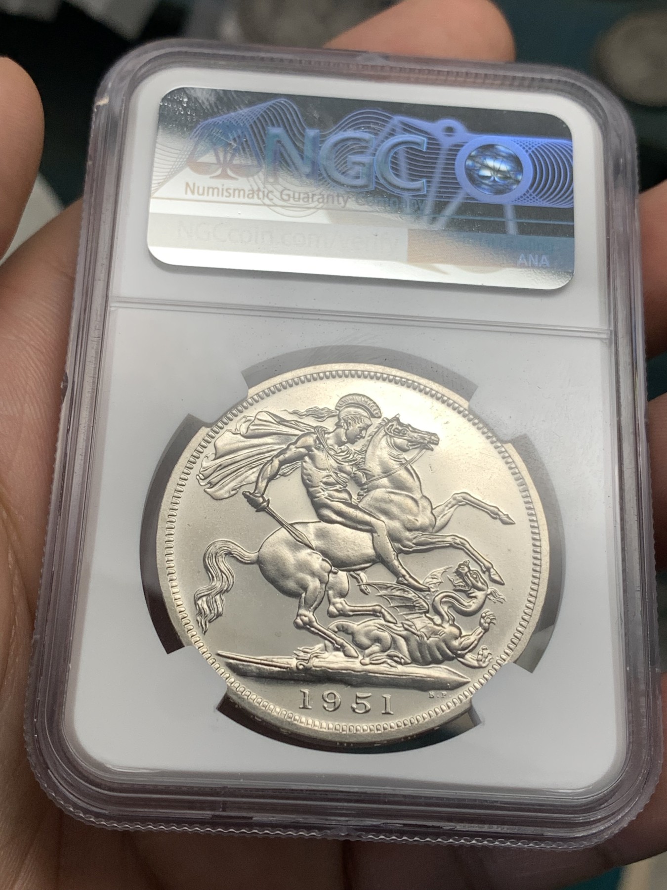 《竞宝斋》第190场-周日，周一 2场 (全场包邮) NGC-PL63 英国 1951年 1克朗 乔治六世 最后的马剑 PL底板 品相好 非常靓