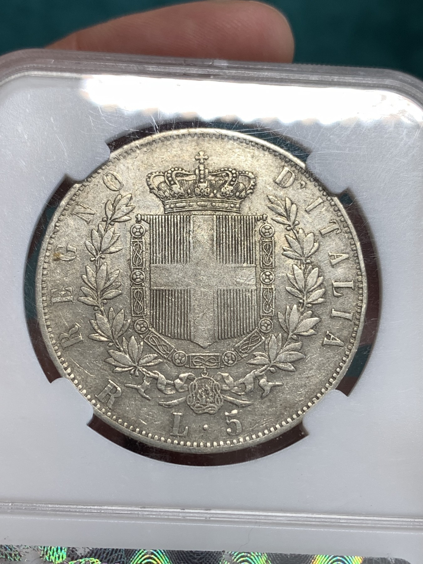 《竞宝斋》第190场-周日，周一 2场 (全场包邮) 保粹评级 AU55 意大利伊曼纽尔二世5里拉银币