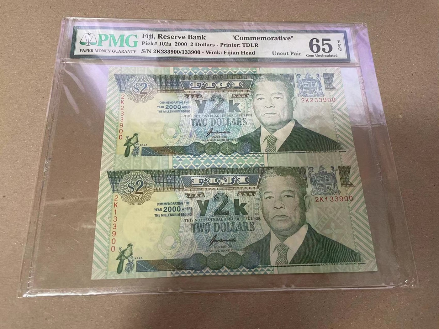 【Blue Auction】✨世界纸币精拍第360期【精】——Irish Free State 【两联体 无47】斐济 2000年2元 PMG65EPQ 纪念钞