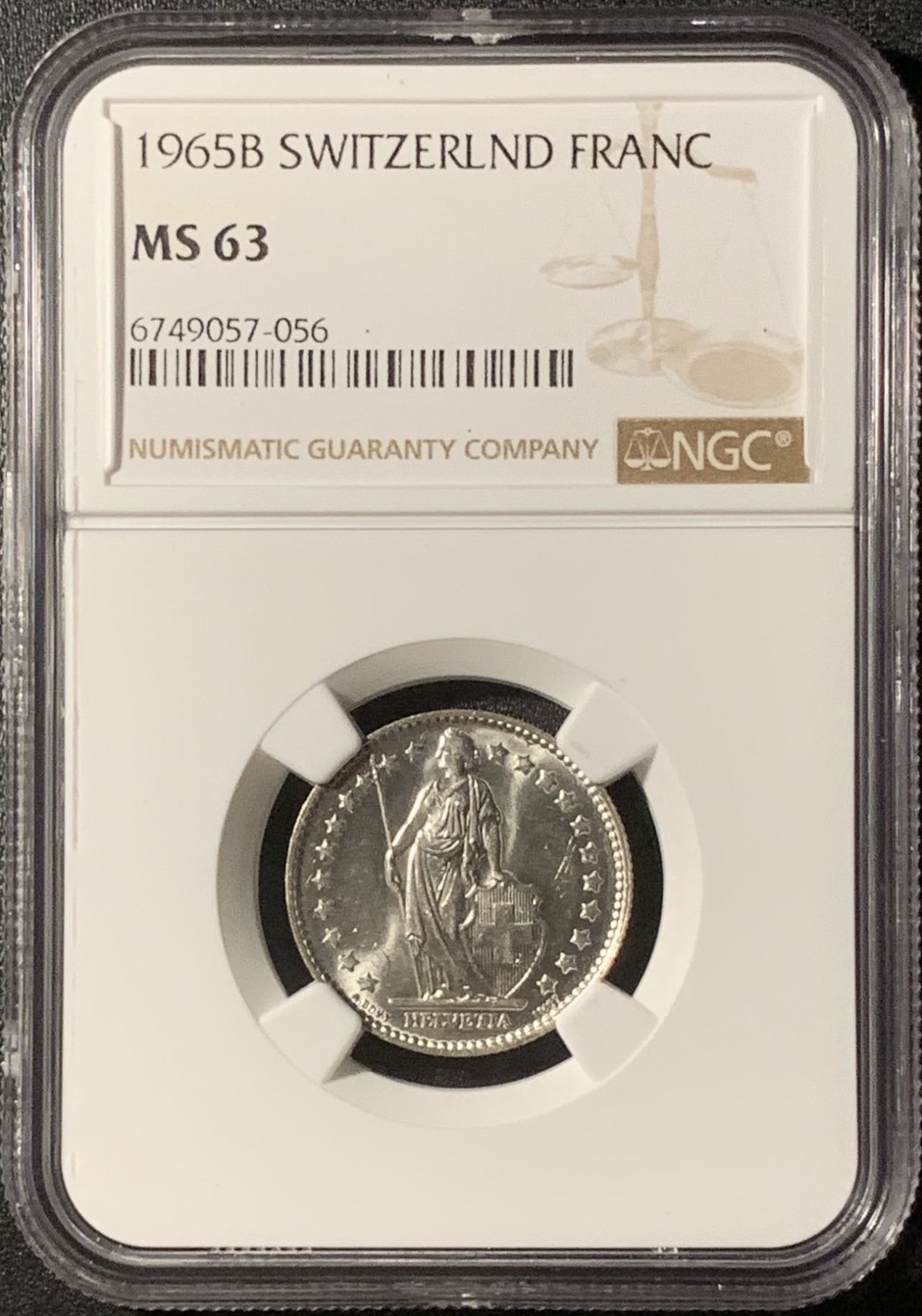 紫瑗钱币——第296期拍卖 瑞士 1965年 赫尔维蒂亚 1法郎 银币 NGC MS63