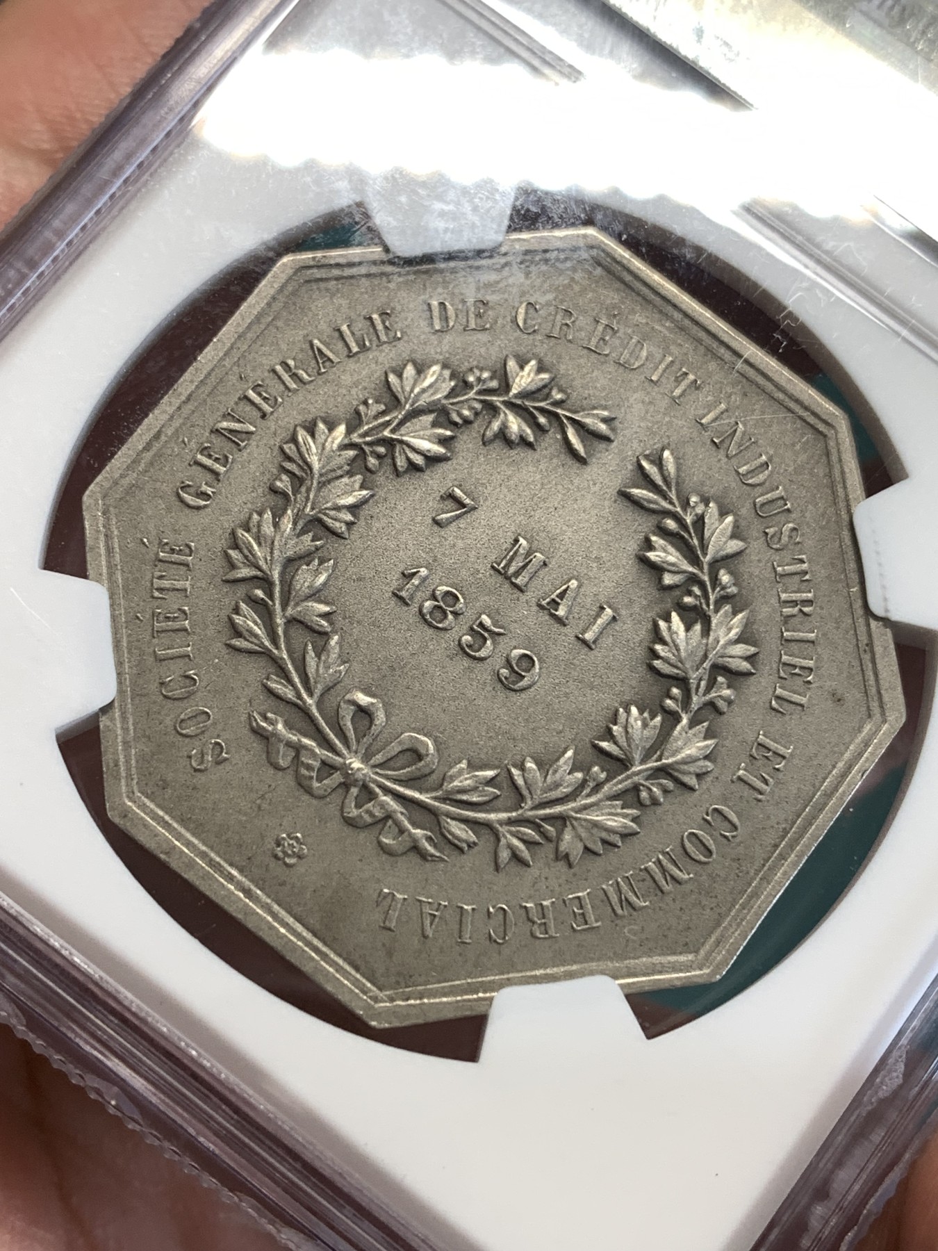 《竞宝斋》第190场-周日，周一 2场 (全场包邮) NGC-MS63 法国1859年工业女神JETON银质八角代币