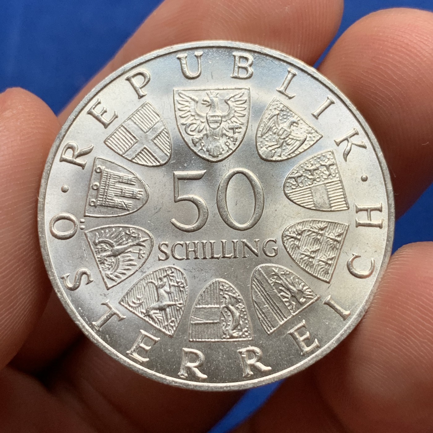 《竞宝斋》第190场-周日，周一 2场 (全场包邮) 奥地利  1968年50先令  第二共和国建国50周年纪念银币  20克  0.9银 UNC
