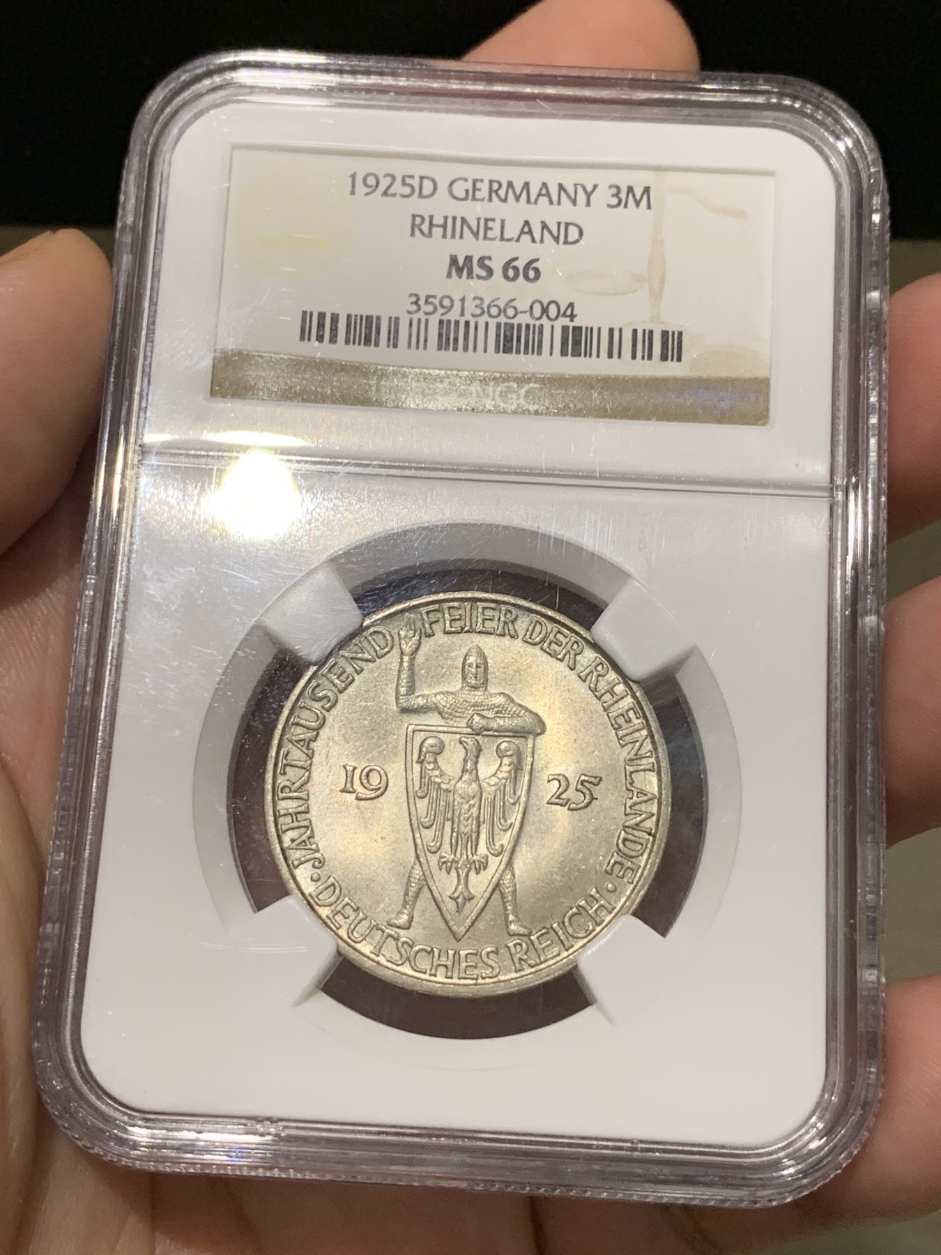 《竞宝斋》第190场-周日，周一 2场 (全场包邮) NGC-MS66 德国魏玛时期 1925 莱茵兰千年 纪念 3马克银币 原味包浆，少见的品种，高分不容易