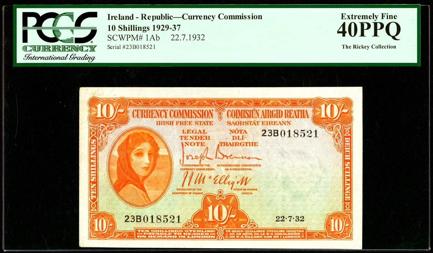 【Blue Auction】✨世界纸币精拍第360期【精】——Irish Free State 【P1Ab 唯一冠军分 拉弗雷夫人初版 珍品 自由与独立的象征】爱尔兰自由邦 1932年10先令 PCGS40EPQ 绿标 原票罕见  Currency Commission Irish Free State发行特定历史产物 非后期七八十年代爱尔兰共和国发行版本 