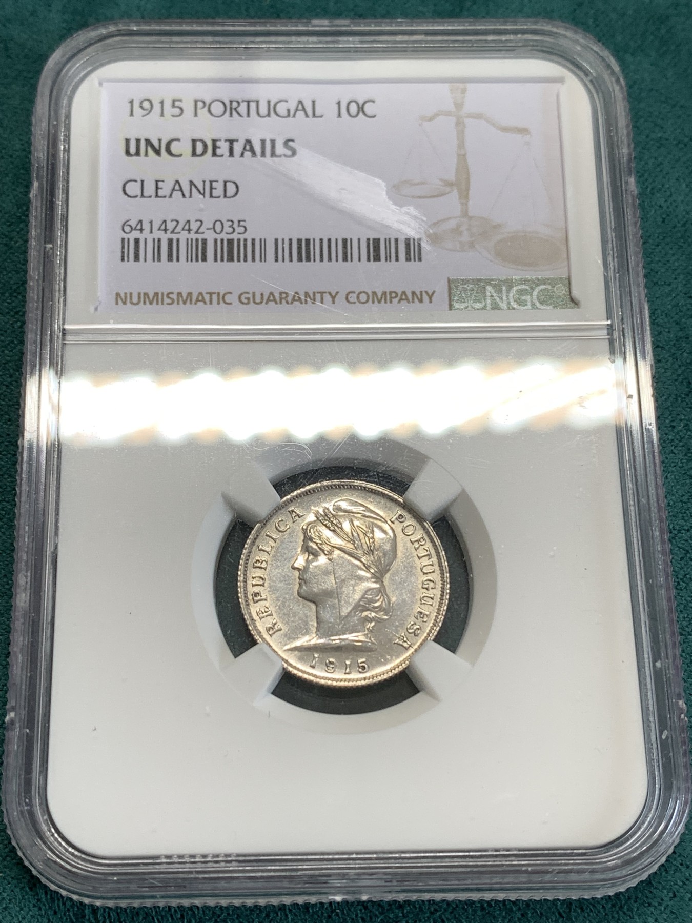 《竞宝斋》第190场-周日，周一 2场 (全场包邮) NGC UNC 葡萄牙 1915年 女神 10分银币 少见的面值