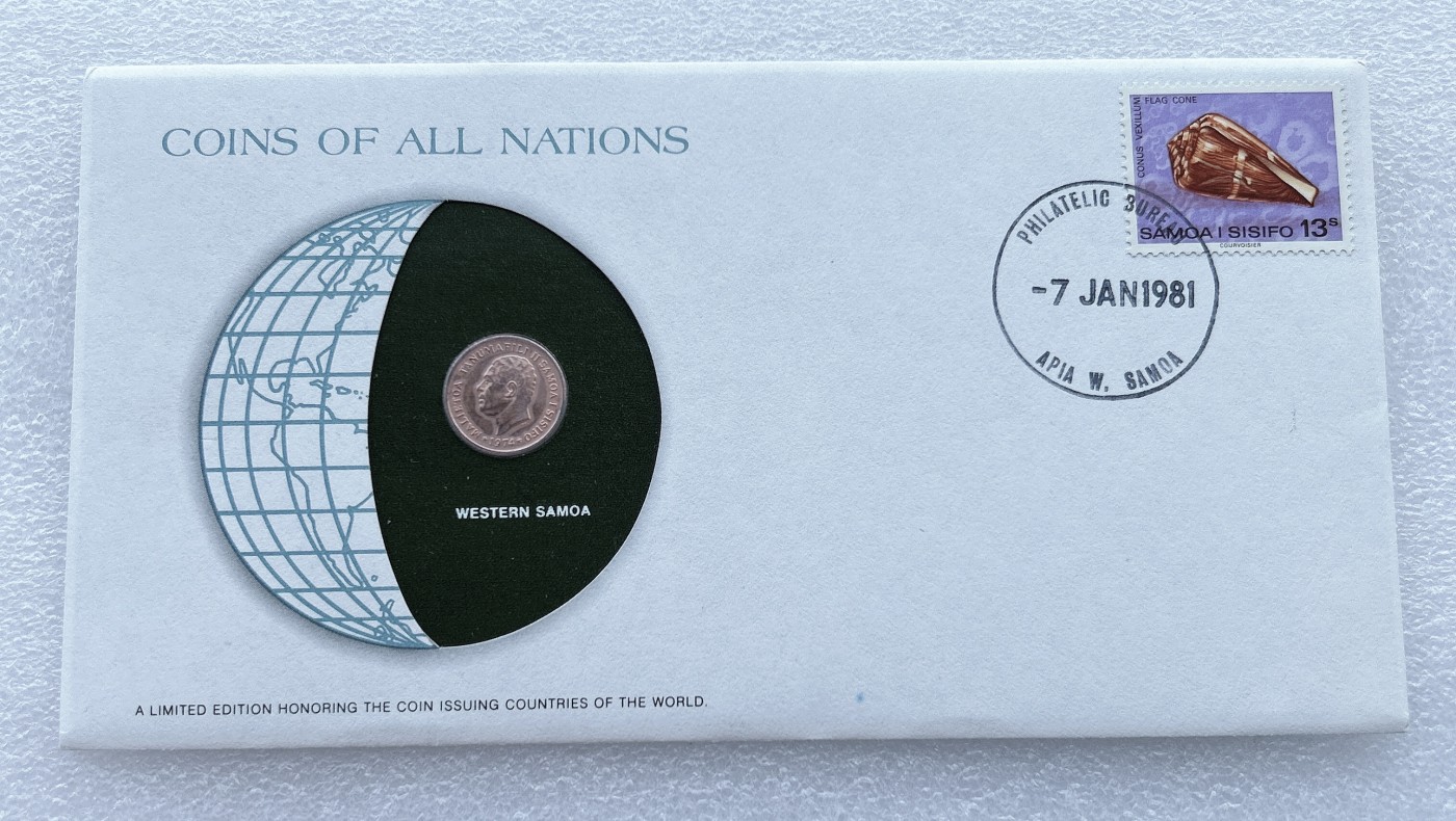 全场一元起拍 富兰克林世界钱币系列-邮币封 第16期 萨摩亚1974年1分硬币 邮票纪念封
