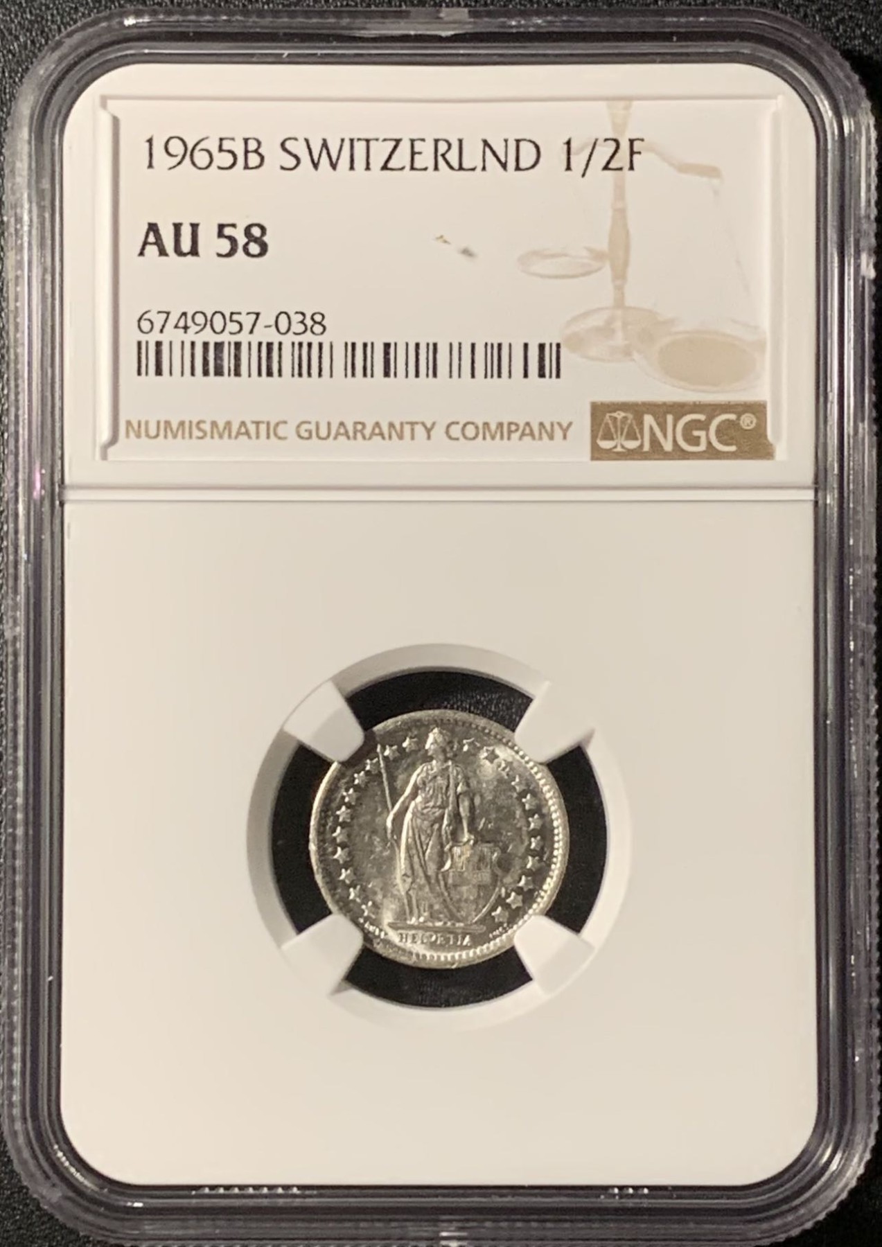 紫瑗钱币——第296期拍卖 瑞士 1965年 赫尔维蒂亚 1/2法郎 银币 NGC AU58 