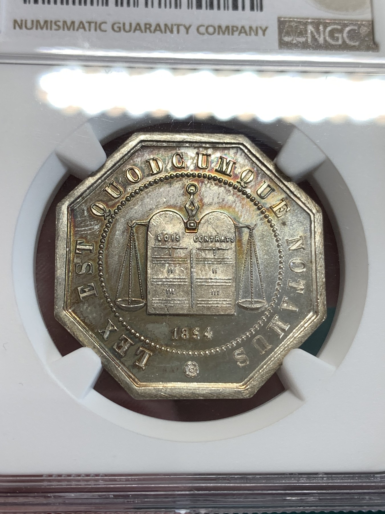 《竞宝斋》第190场-周日，周一 2场 (全场包邮) NGC-MS65 法国1854八角银章，亚眠公证处，高分好品，带初铸纹