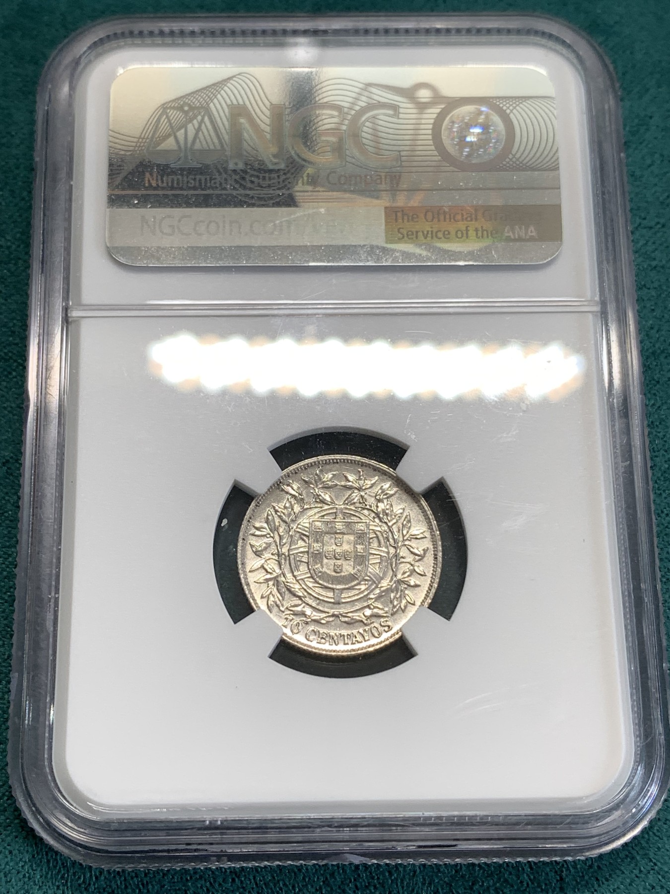 《竞宝斋》第190场-周日，周一 2场 (全场包邮) NGC UNC 葡萄牙 1915年 女神 10分银币 少见的面值