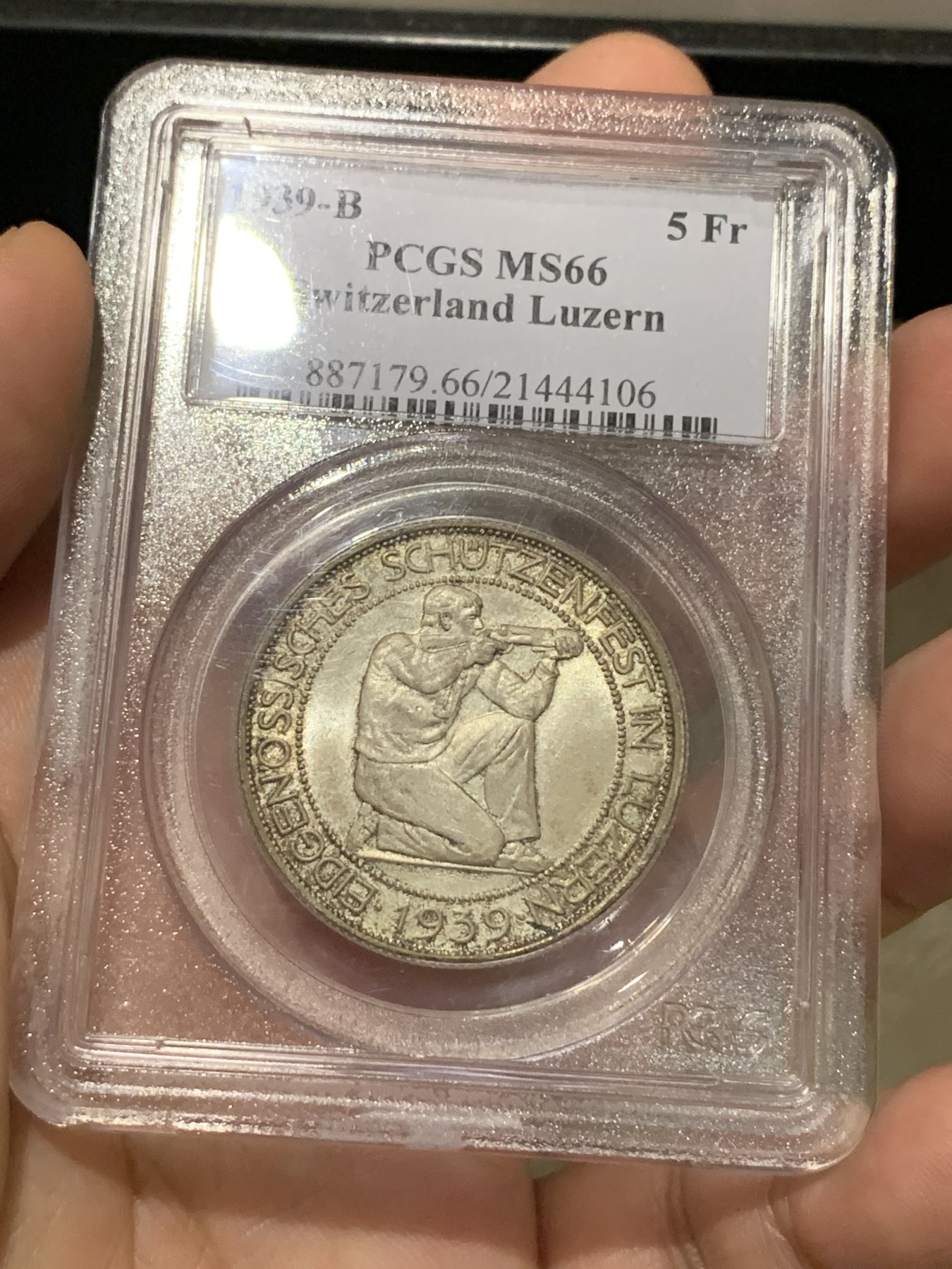 《竞宝斋》第190场-周日，周一 2场 (全场包邮) PCGS-MS66  瑞士1939 射击节银币  5法郎  老盒 发行4万 亚军分 收藏品相 一枚毕业