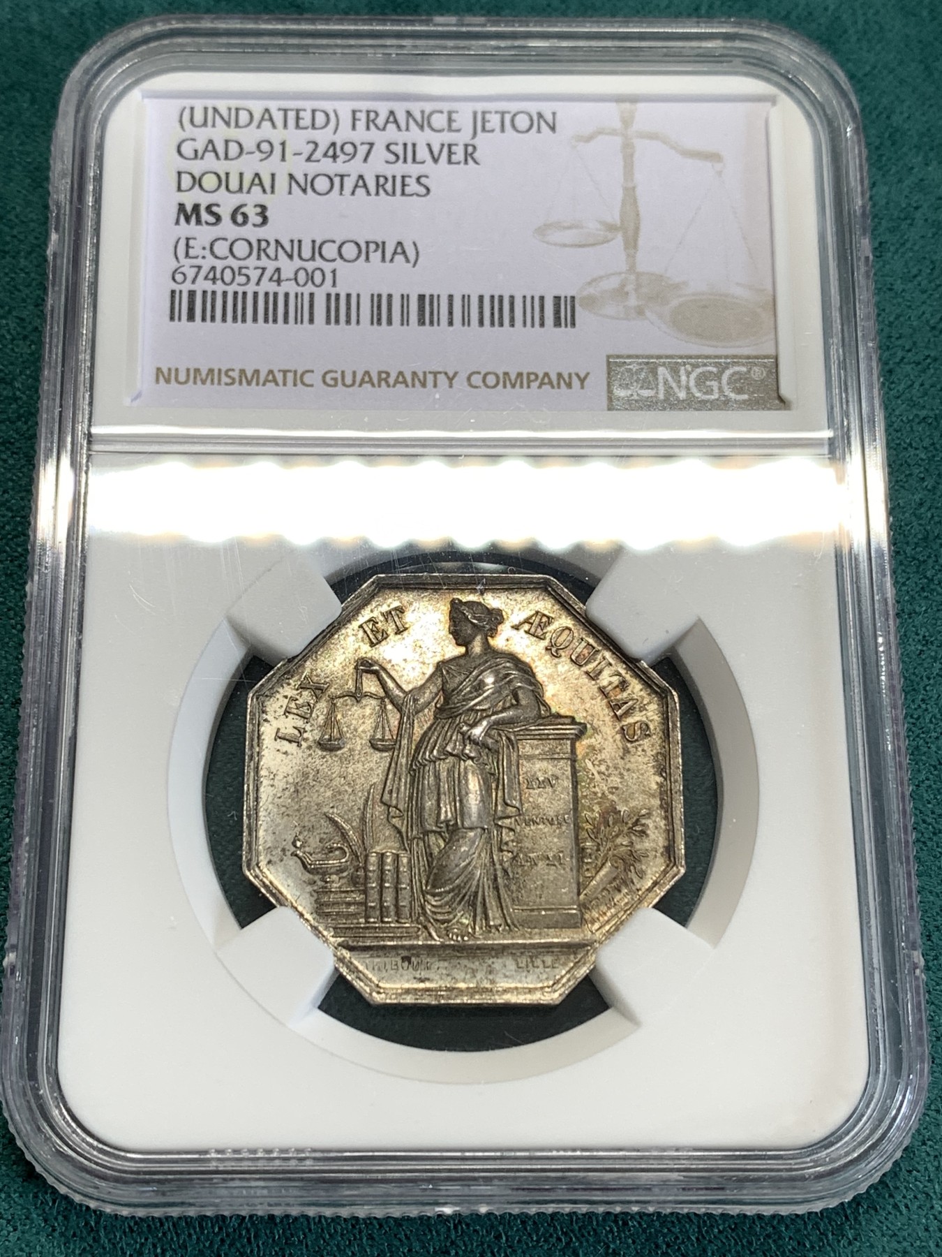 《竞宝斋》第190场-周日，周一 2场 (全场包邮) NGC-MS63 19世纪法国 Douai公证人 高浮雕高分、比较难找的一个版别、标准的手拿天秤公证处银质八角代币