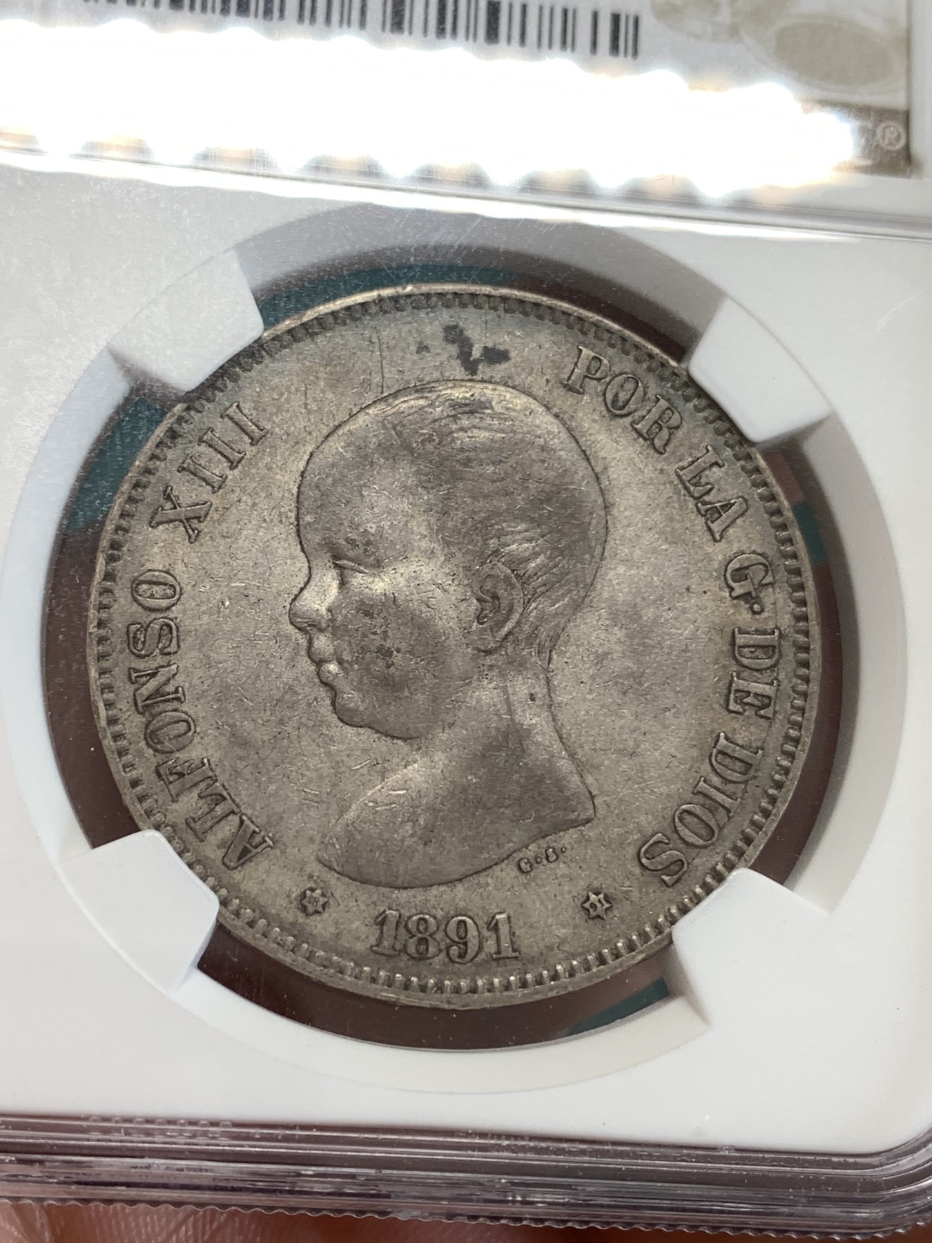 《竞宝斋》第190场-周日，周一 2场 (全场包邮) NGC XF45  西班牙双柱小光头阿方索十二世银币 细节好 包浆也好