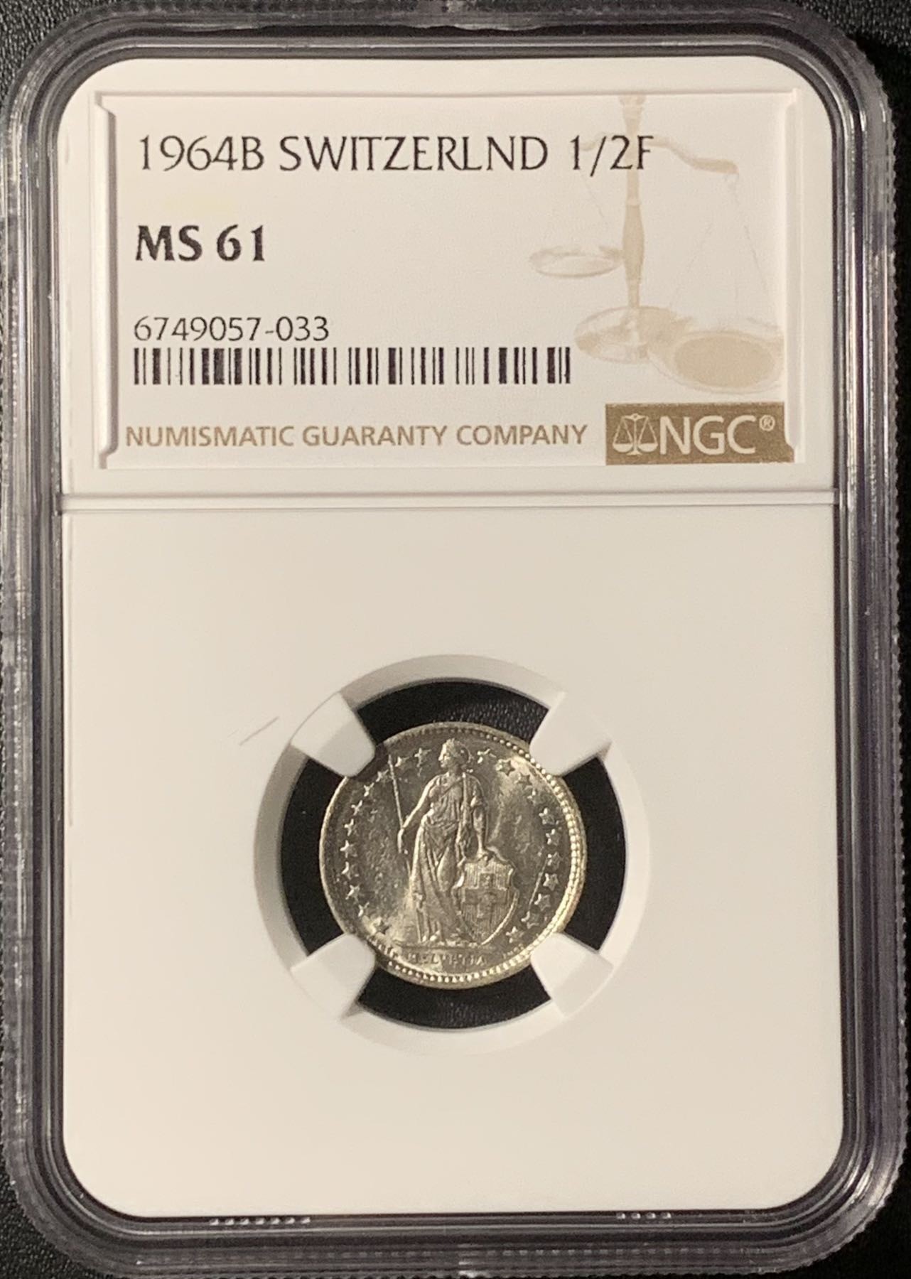 紫瑗钱币——第296期拍卖 瑞士 1964年 赫尔维蒂亚 1/2法郎 银币 NGC MS61