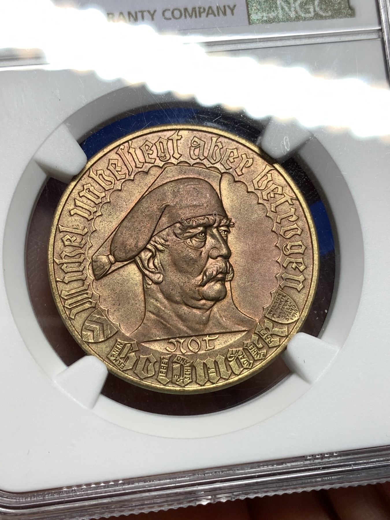 《竞宝斋》第190场-周日，周一 2场 (全场包邮) NGC-MS63   德国1923德紧彼勒菲尔德 1金马克  镀金铜币