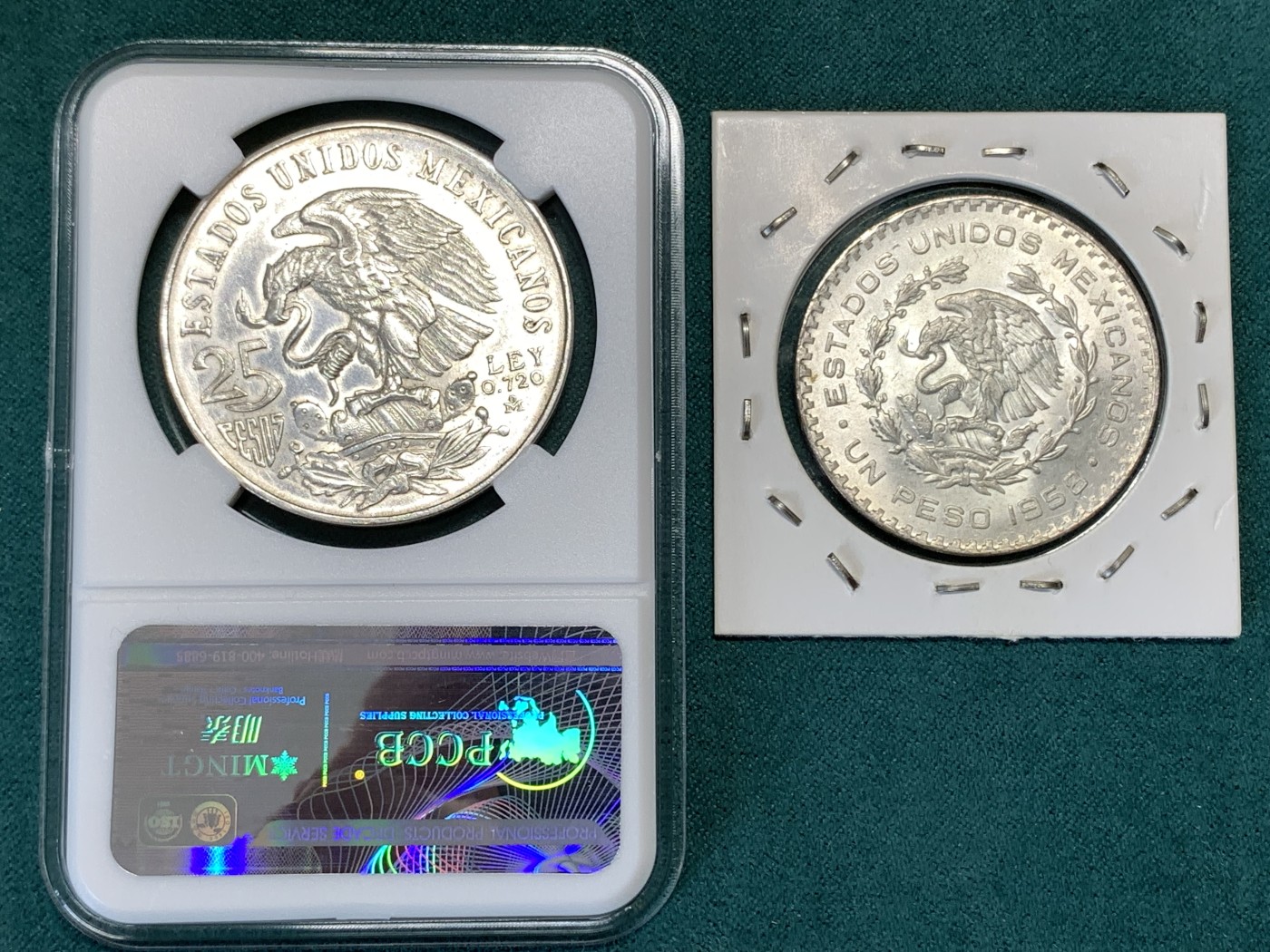 《竞宝斋》第190场-周日，周一 2场 (全场包邮) 墨西哥银币2枚。经典老鹰叼蛇图案。