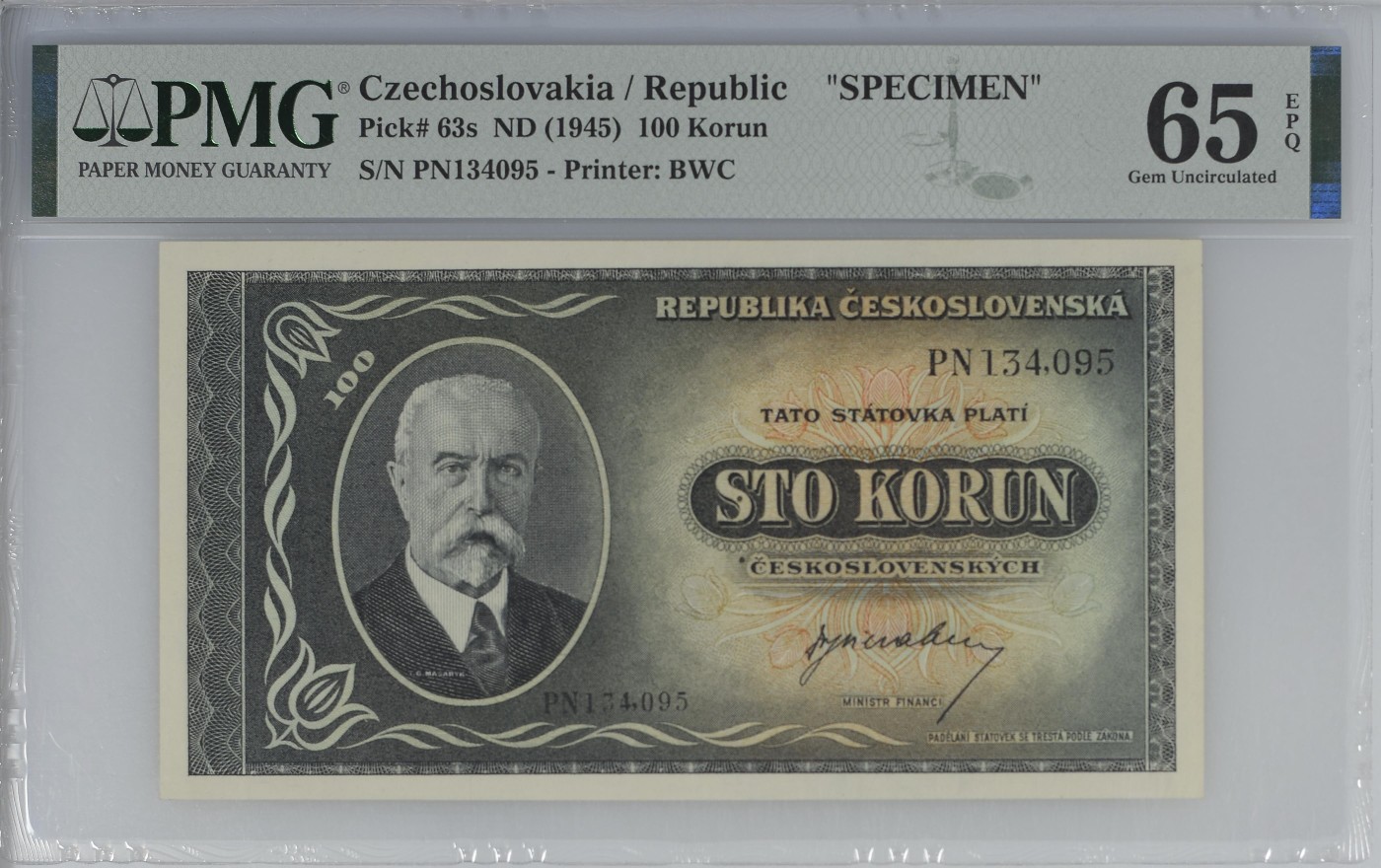 乐淘淘纸币精选 第15期 周五周六连拍第二场 【PN134095】捷克斯洛伐克1945年纸币 100克朗 样钞 PMG65EPQ 季军分